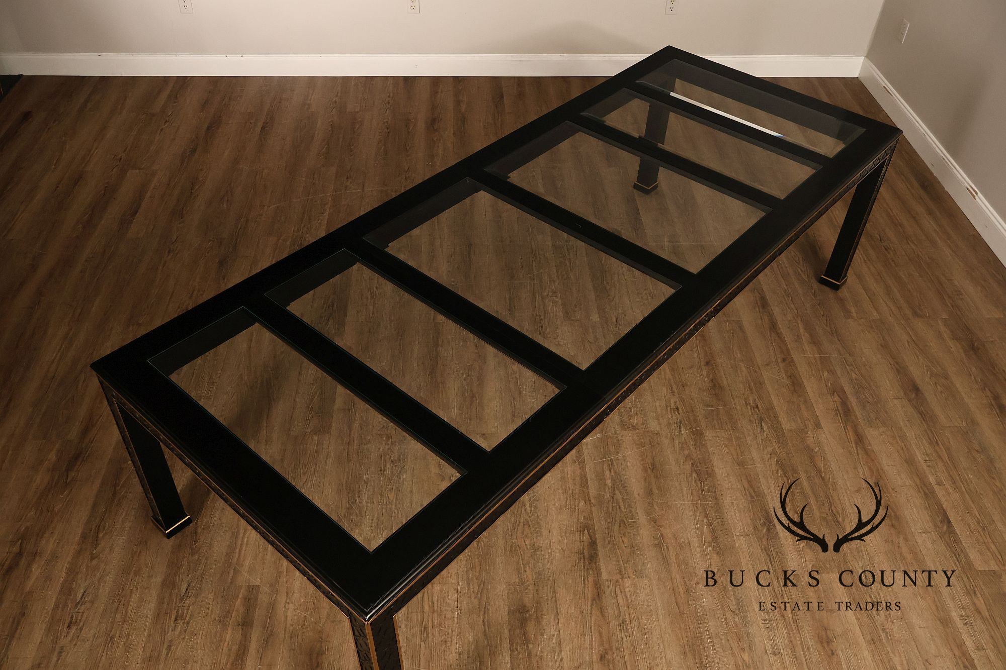 Chinese Chippendale Black Lacquered Dining Table With Two Leaves, Inset Glass