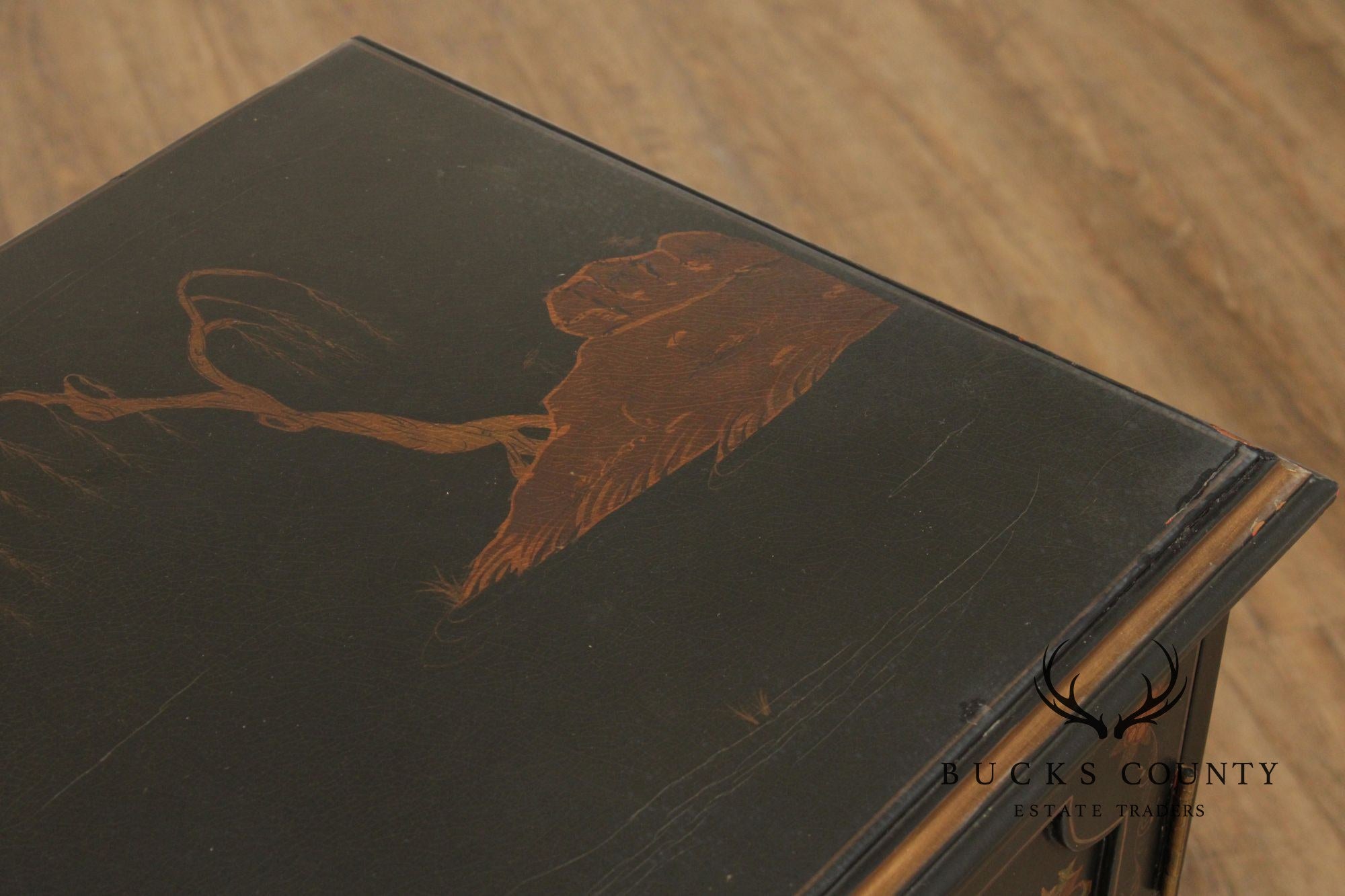 Georgian Furnishing Co. Pair Of Black Lacquer Chinoiserie Cabinets