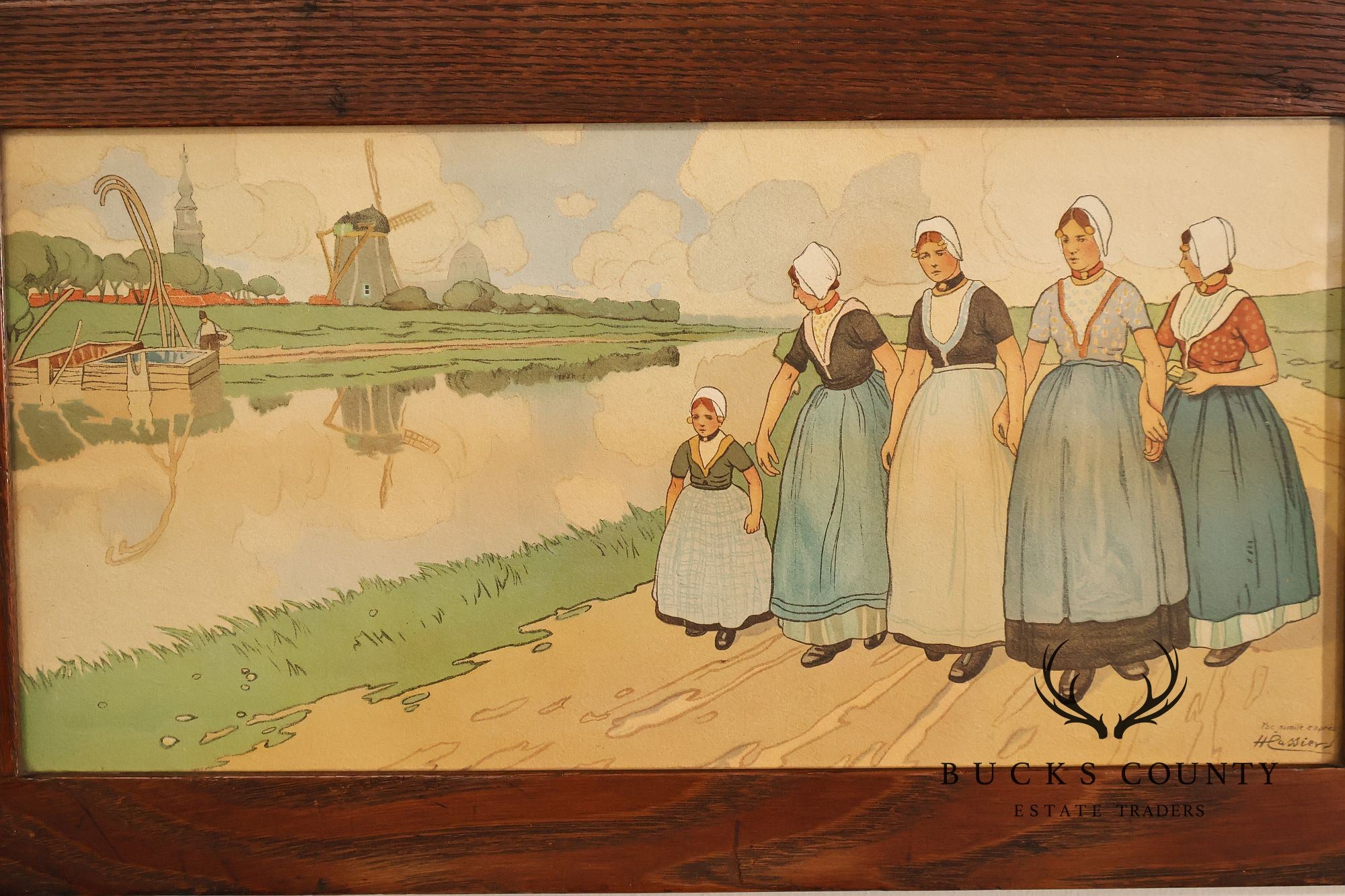 Henri Cassiers Dutch Village Scene Print in Arts & Crafts Oak Frame