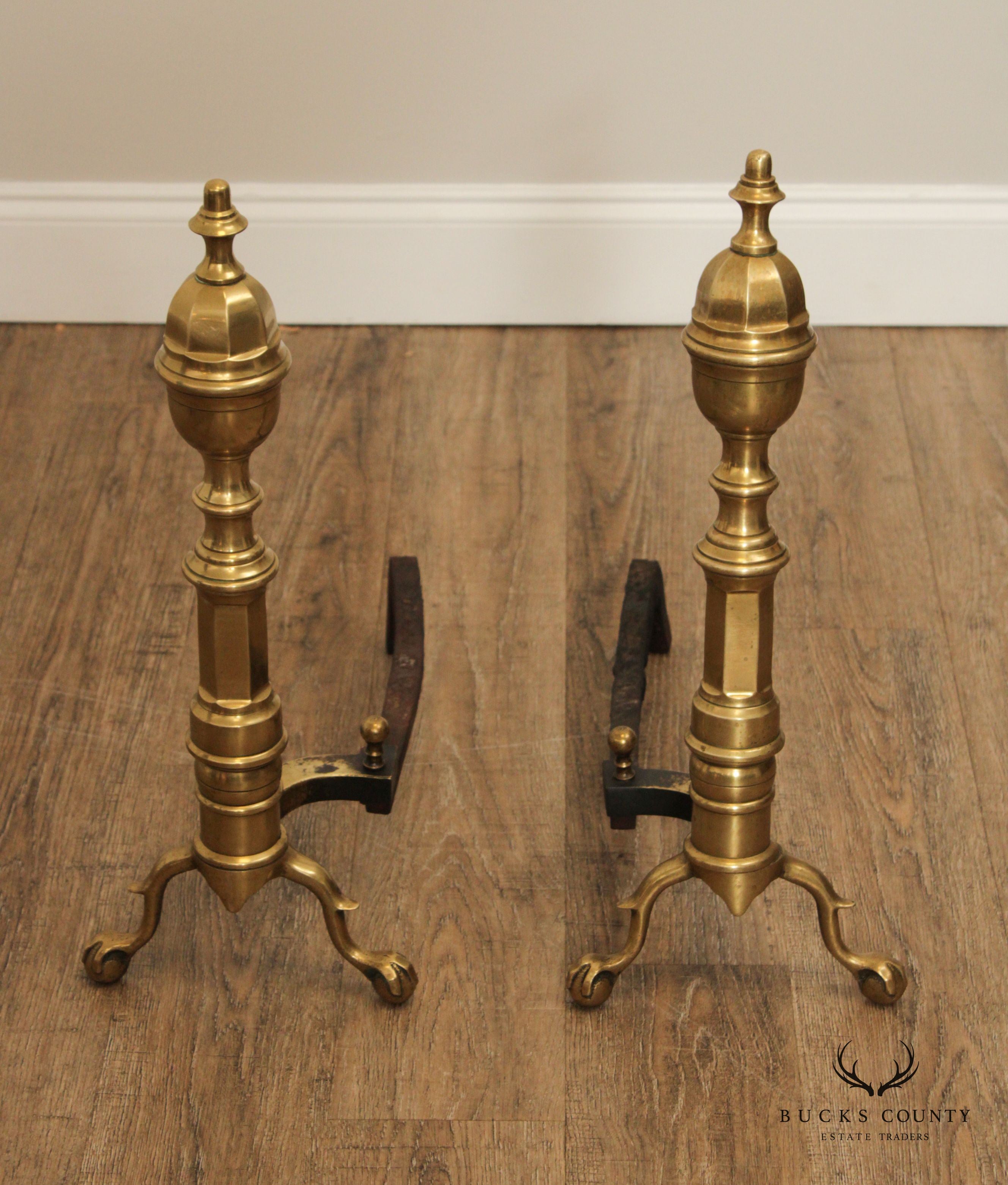 CHIPPENDALE STYLE QUALITY PAIR OF BRASS FIREPLACE ANDIRONS
