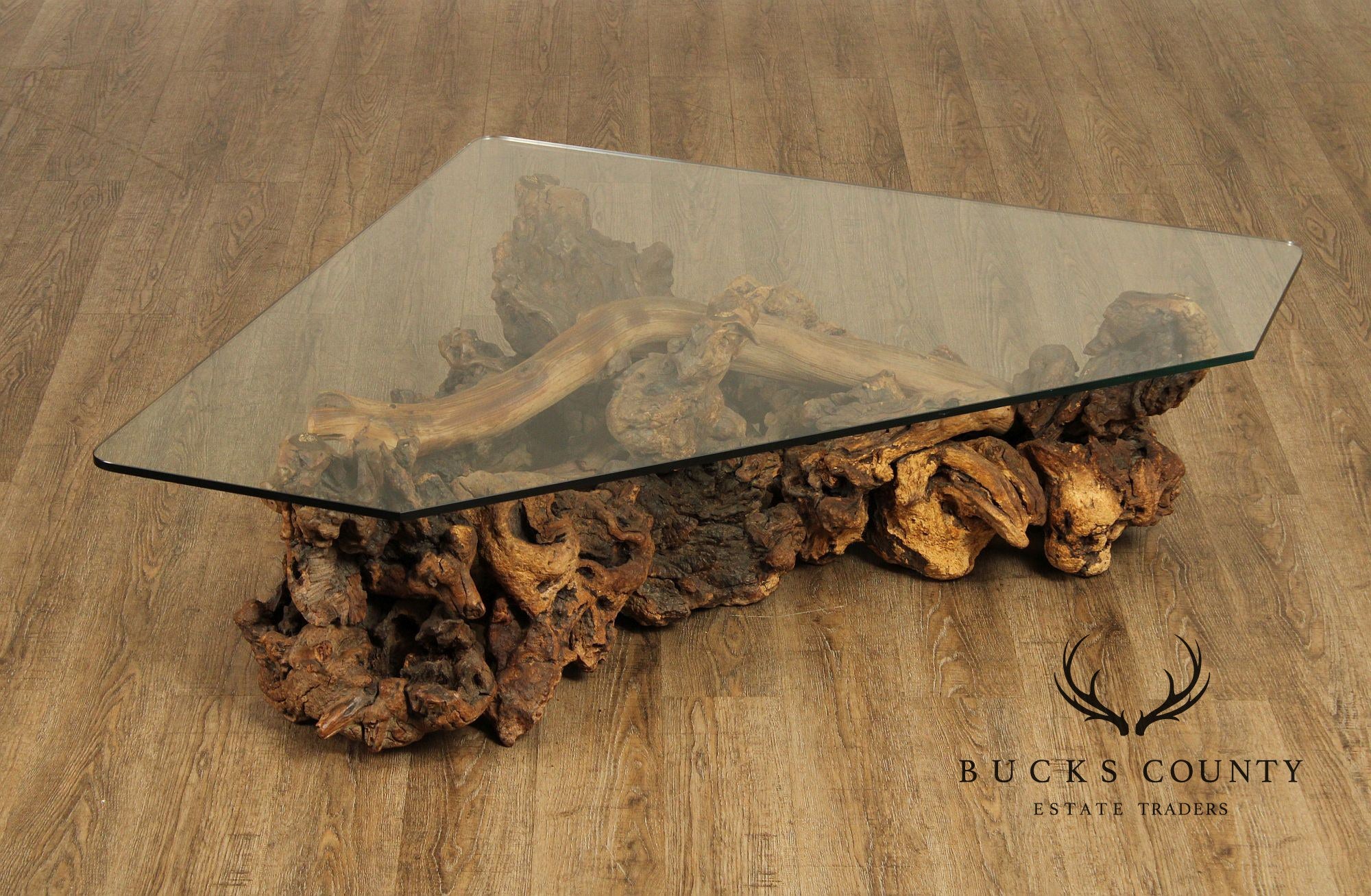 Mid Century Modern Root Burlwood and Glass Top Coffee Table