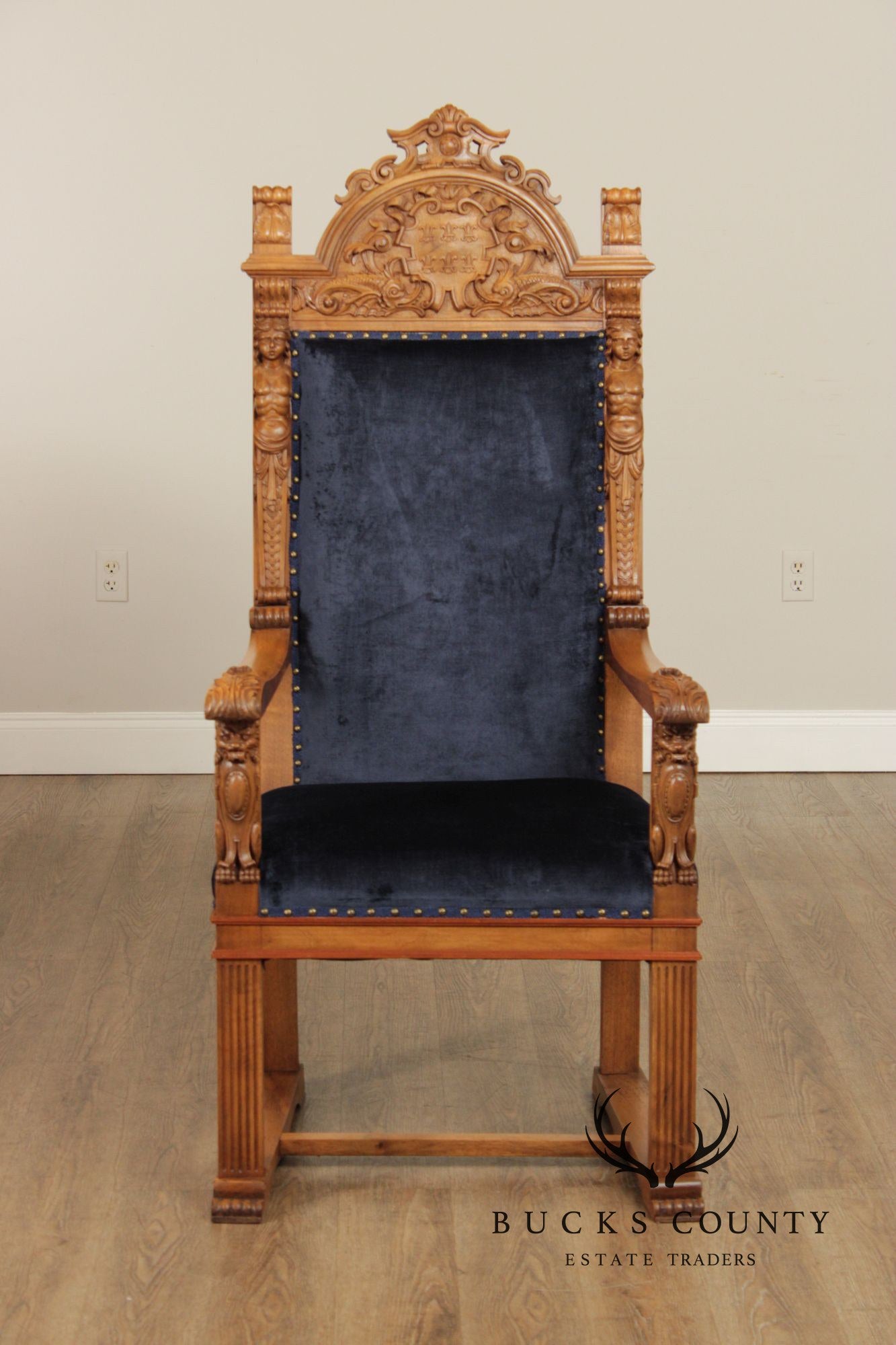 Antique Carved Walnut Renaissance Revival Style Throne Armchair