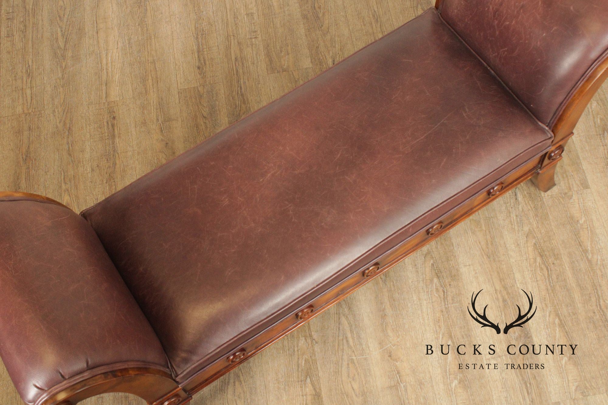 Theodore Alexander Carved Mahogany and Leather Window Bench