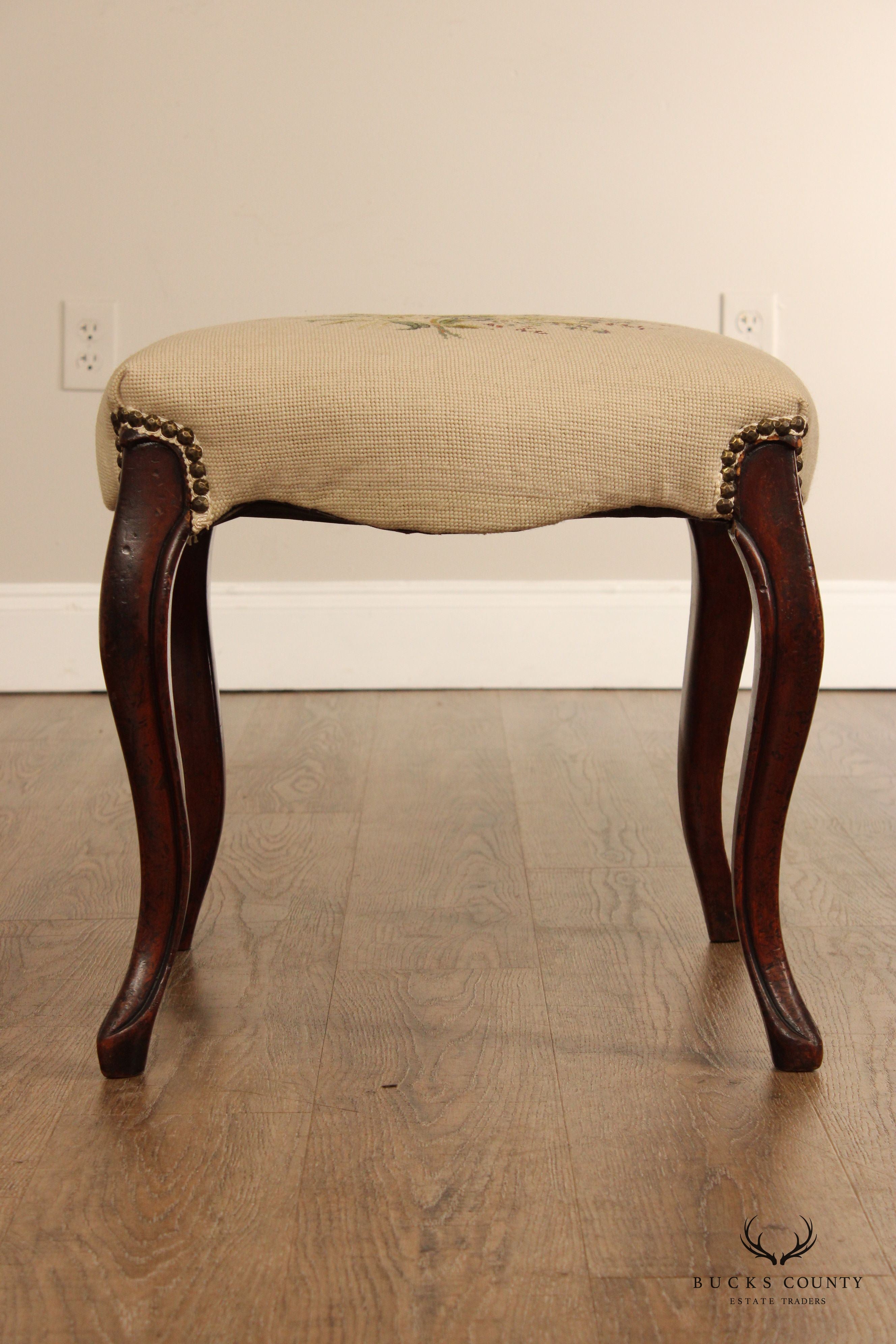 French Louis XV Style Needlepoint Foot Stool Ottoman
