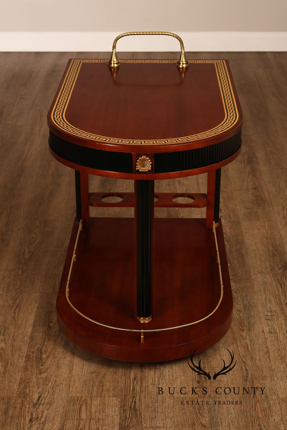 Neoclassical Style Mahogany And Ebonized Bar Cart With Greek Key Inlay And Brass Accents