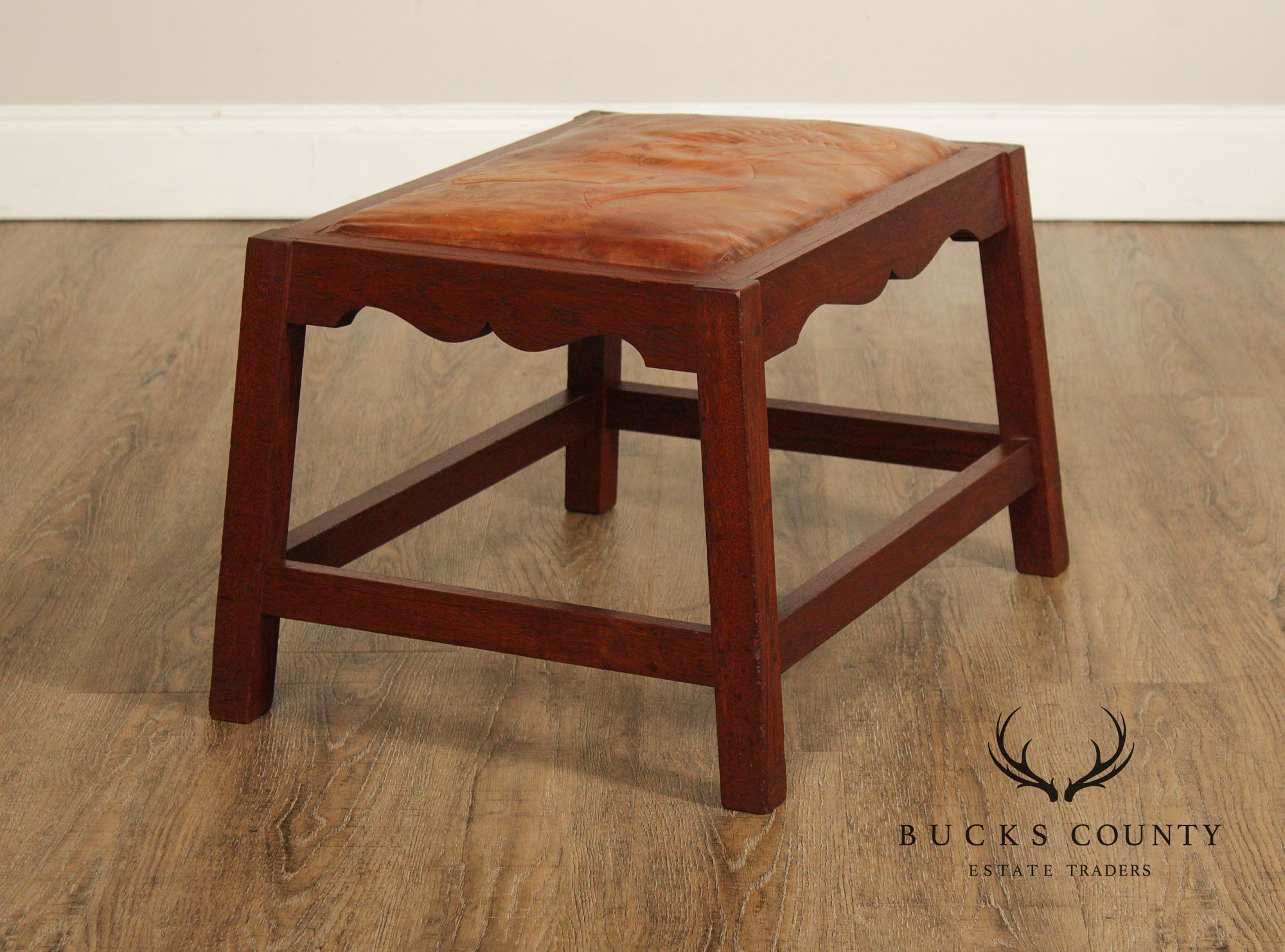 Arts & Crafts Leather Seat Oak Stool