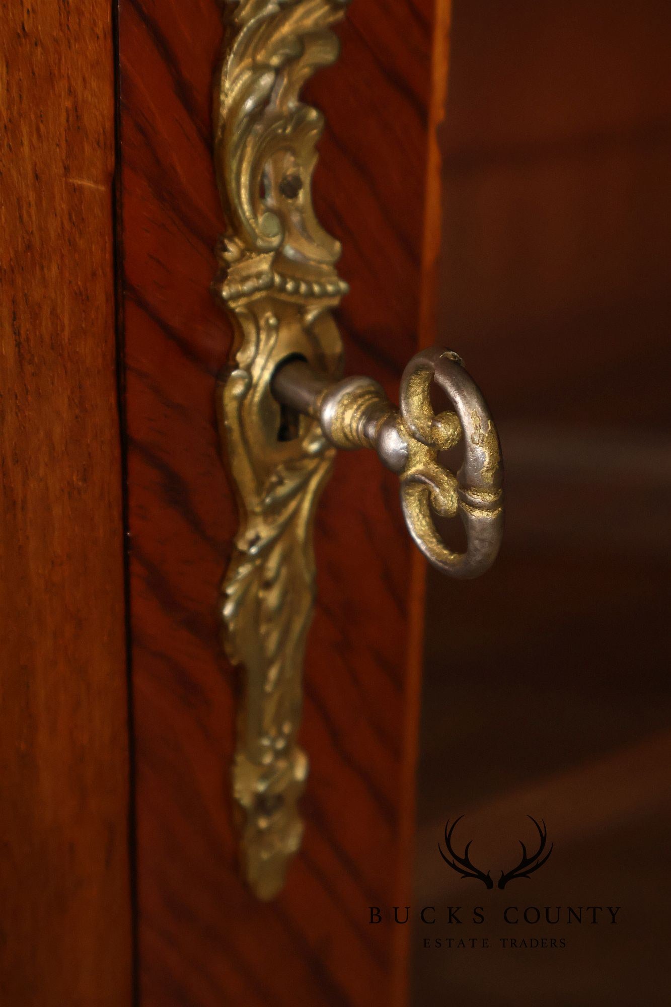 French Louis XV Style Burl Wood Three Door Bookcase Display Cabinet