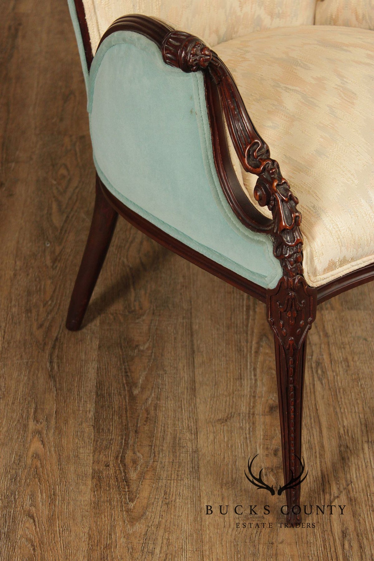 Vintage Mahogany Carved Fireside Armchair With Two-Tone Upholstery