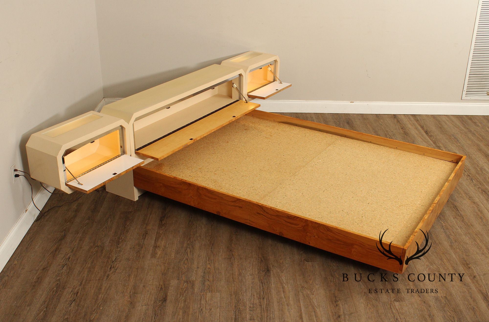 Pace Collection Mid Century Modern Burlwood Queen Size Platform Bed With Floating Headboard And Nightstands