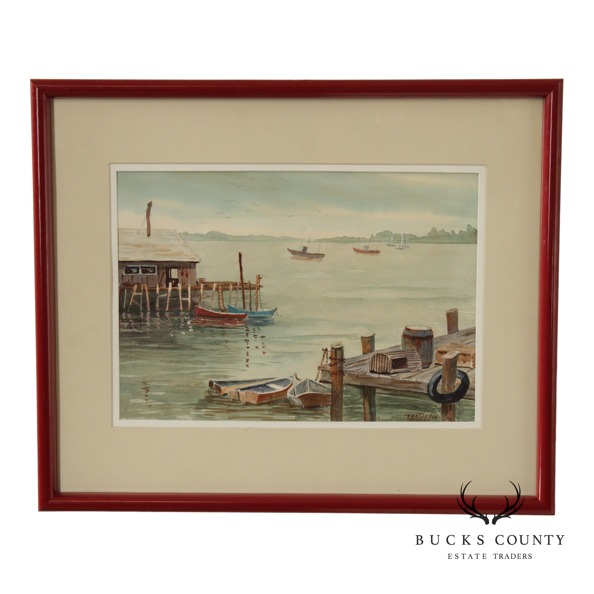 Bertha Ann Stupak Watercolor Painting, Boats in Harbor