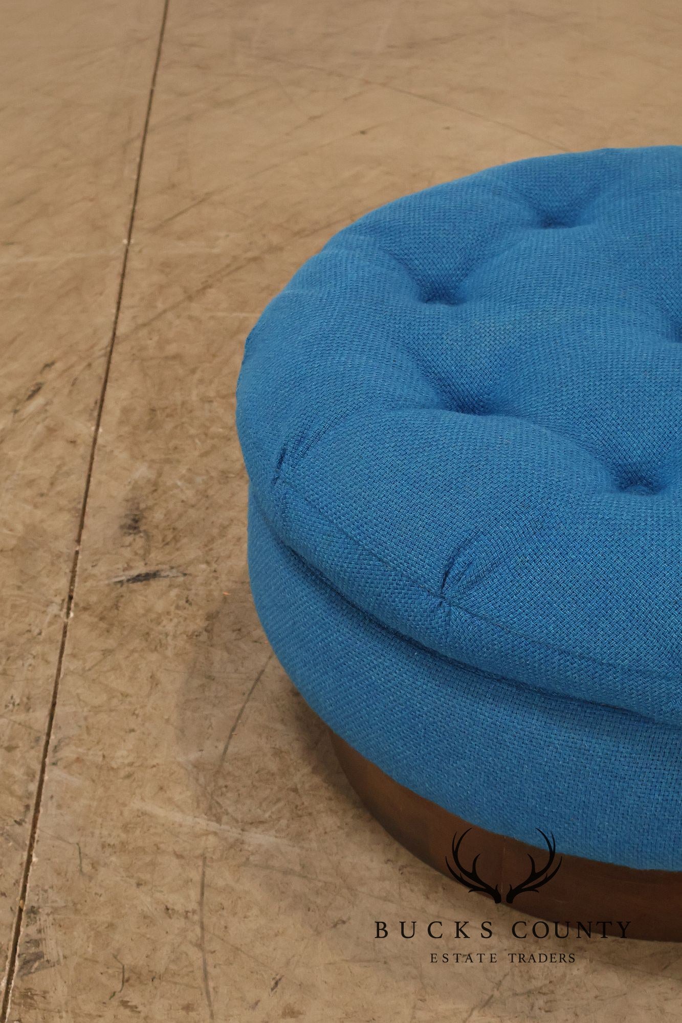 Vintage Schnadig Mid Century Modern Round Blue Upholstered Ottoman