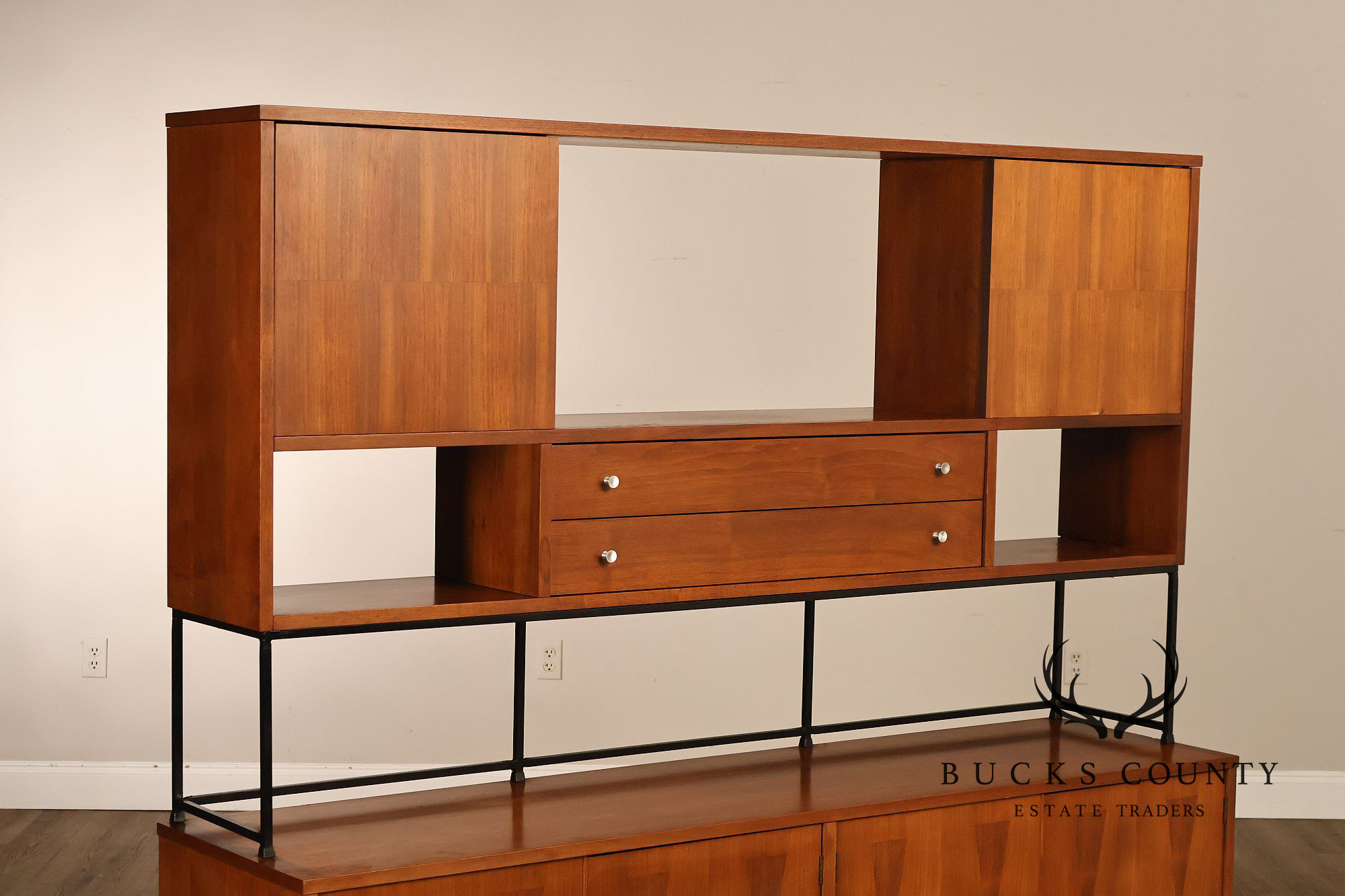 Stanley Mid Century Modern Walnut & Rosewood Inlaid Wall Unit Credenza