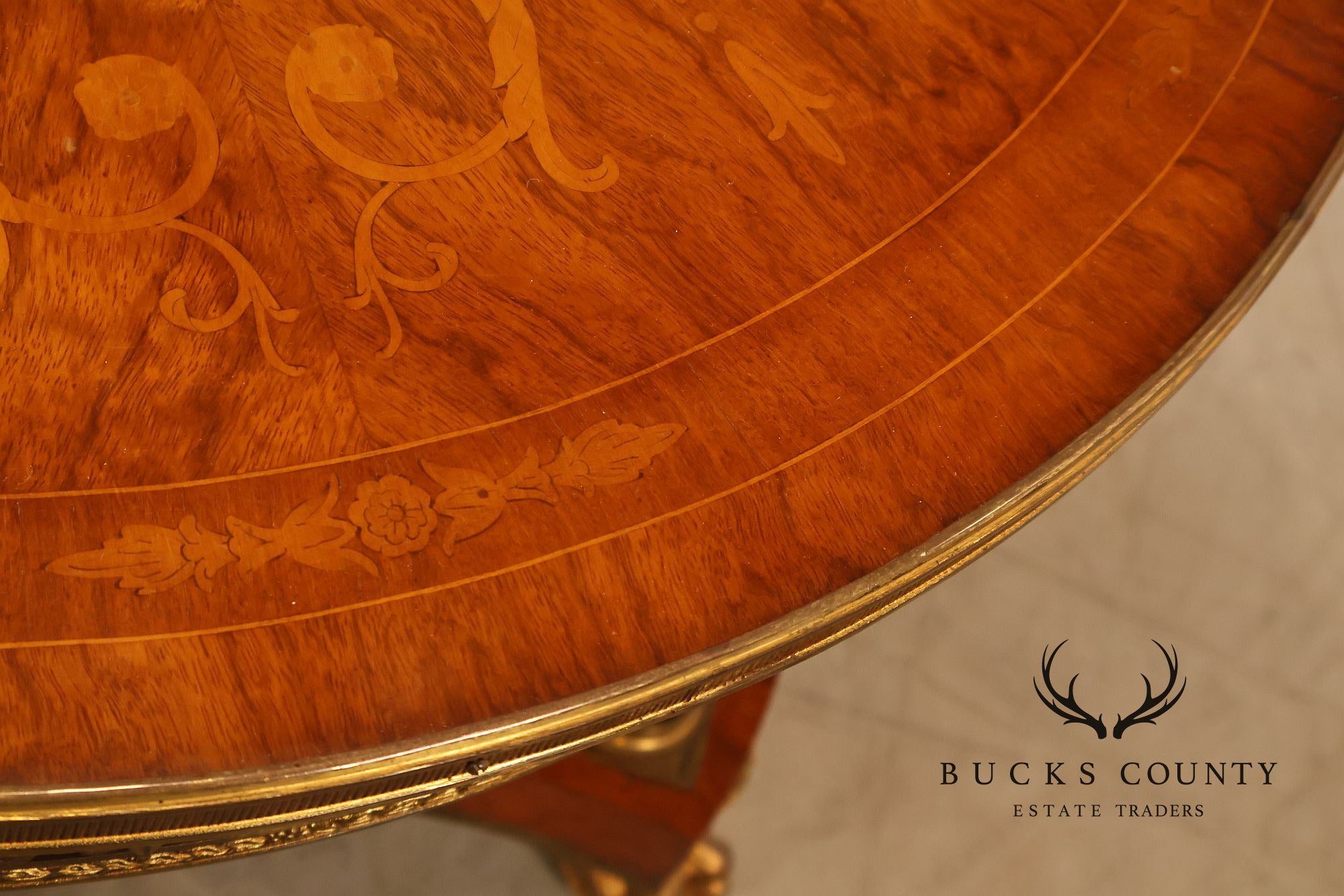Empire Style Ormolu Mounted Round Marquetry Inlaid Cocktail Table