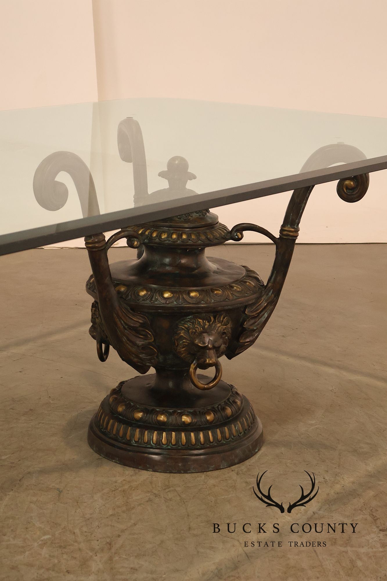 Monumental Brass Urn Form Double Pedestal Glass Top Dining Table