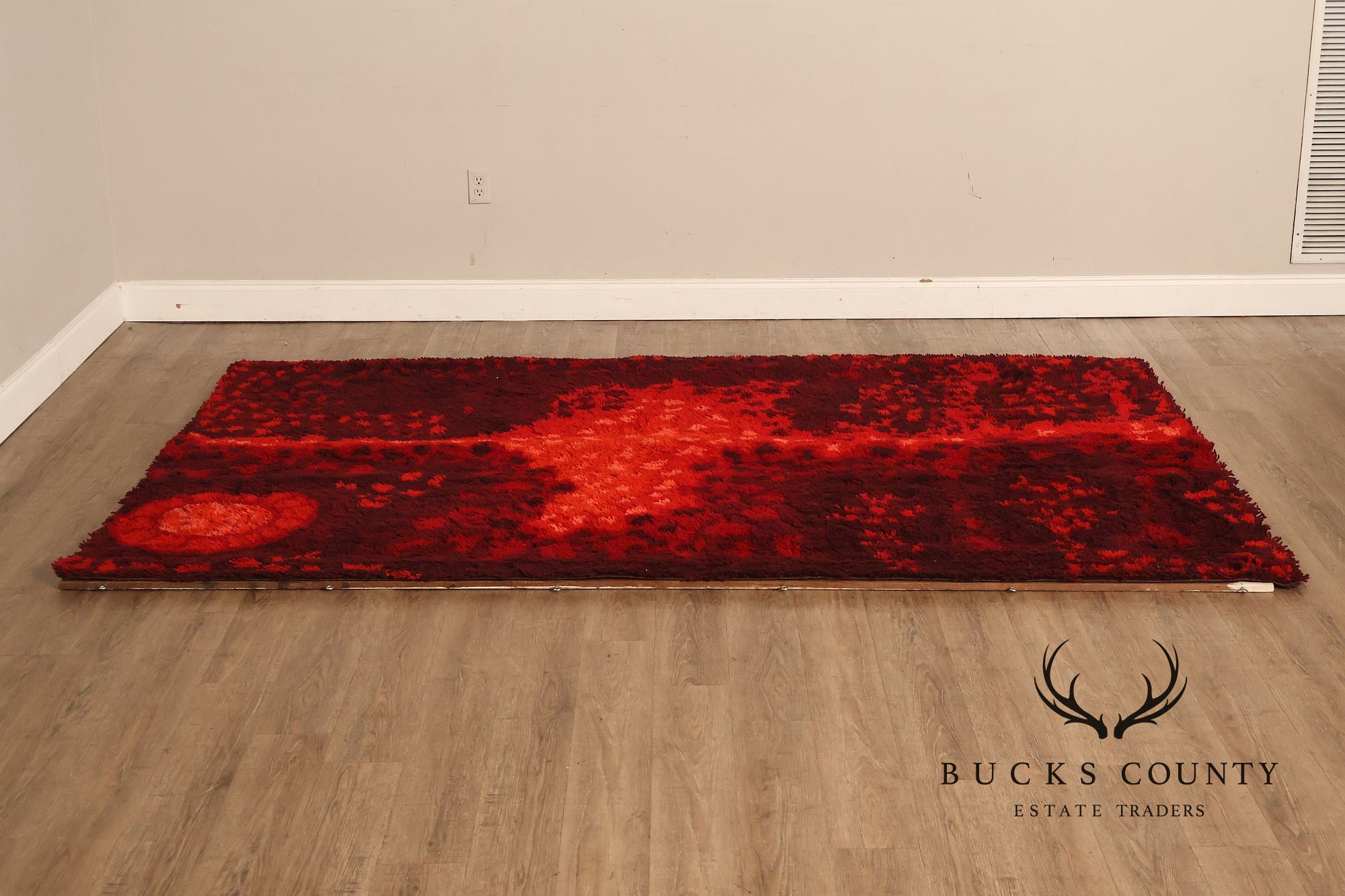Mid Century Modern Scandinavian Rya Wool Abstract Red Shag Area Rug / Textile Wall Hanging by Ritva Puotila