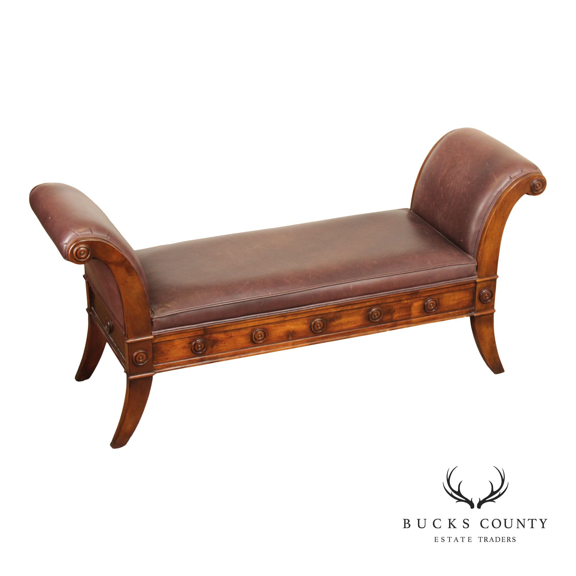Theodore Alexander Carved Mahogany and Leather Window Bench