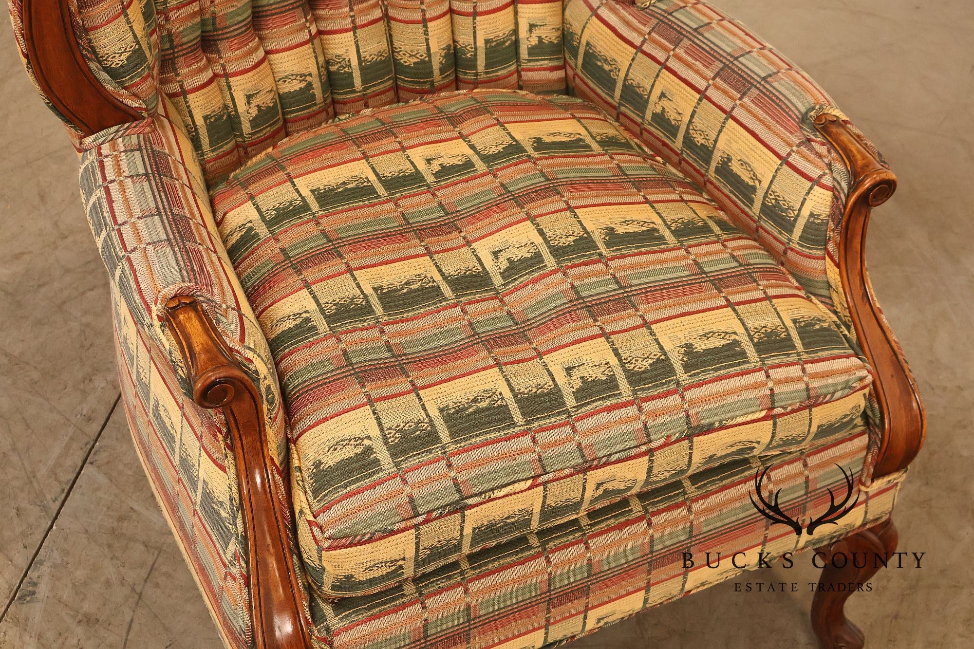 Vintage Channel Back Carved Frame Wingback Armchair