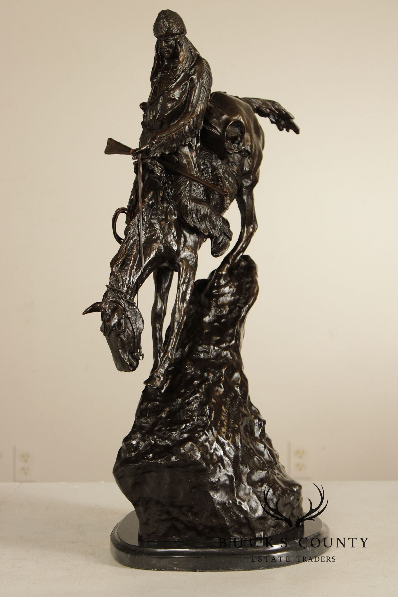 Frederic Remington Mountain Man Bronze Sculpture On Marble Base