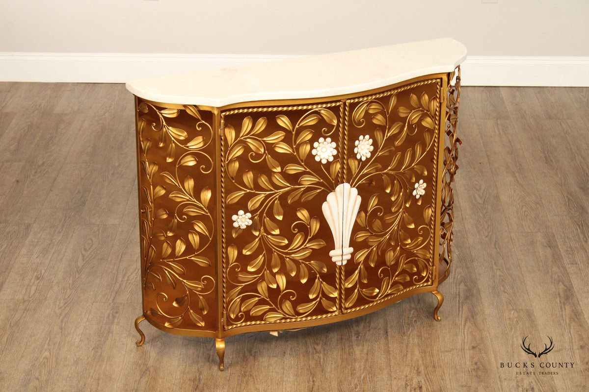 Italian Hollywood Regency Marble Top Floral Console Cabinet