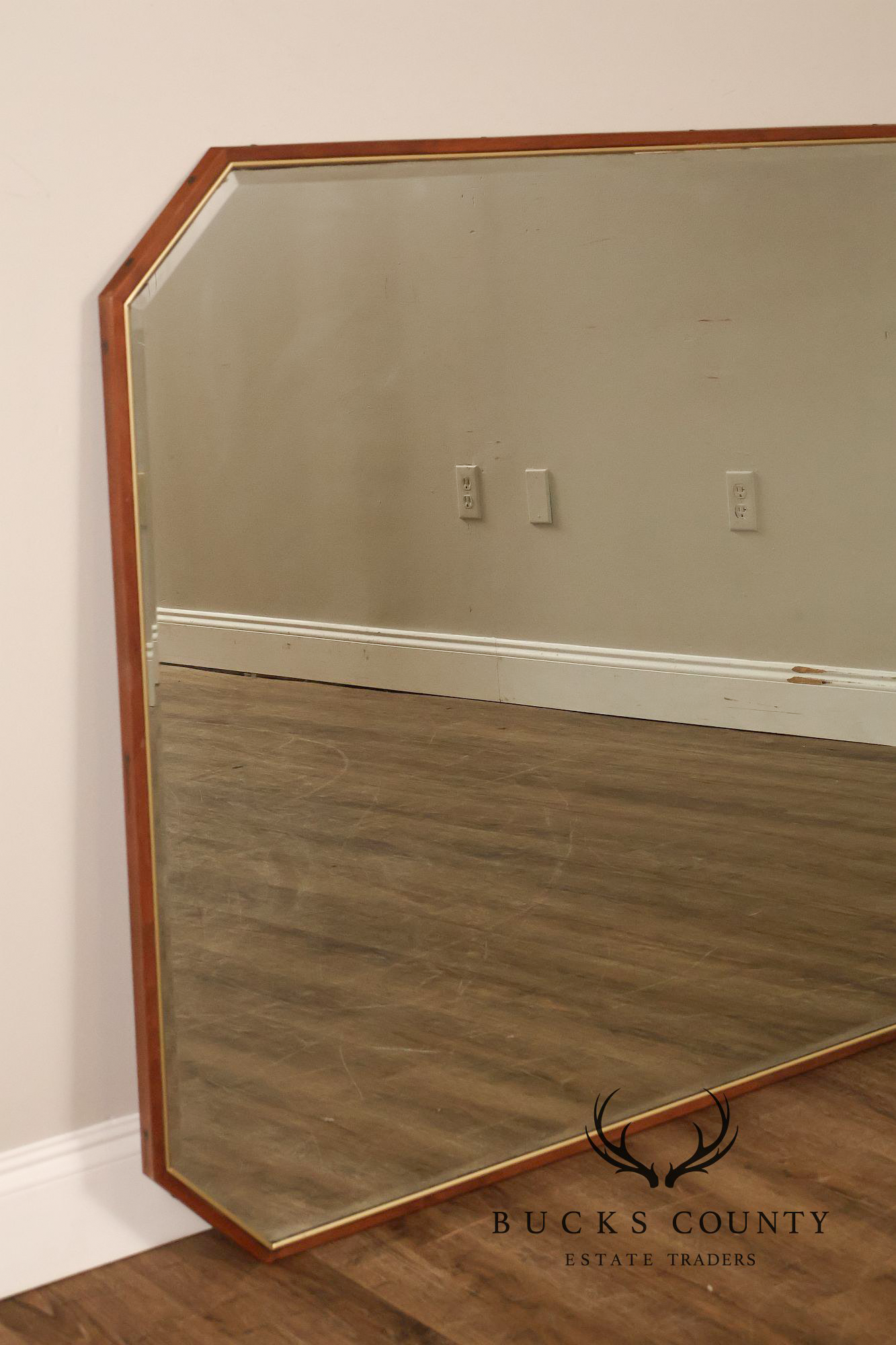 Mid Century Modern Walnut Frame Large Octagonal Wall Mirror