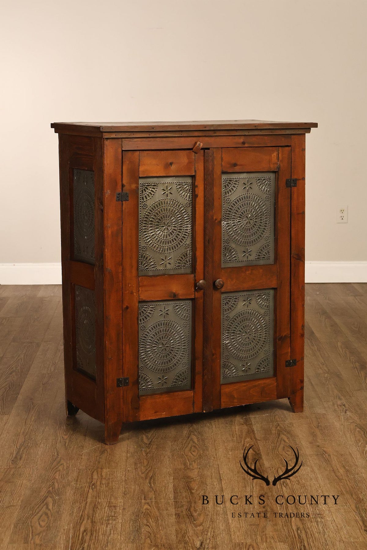 Antique American Country Pine Pie Safe Cabinet With Punched Tin Panels