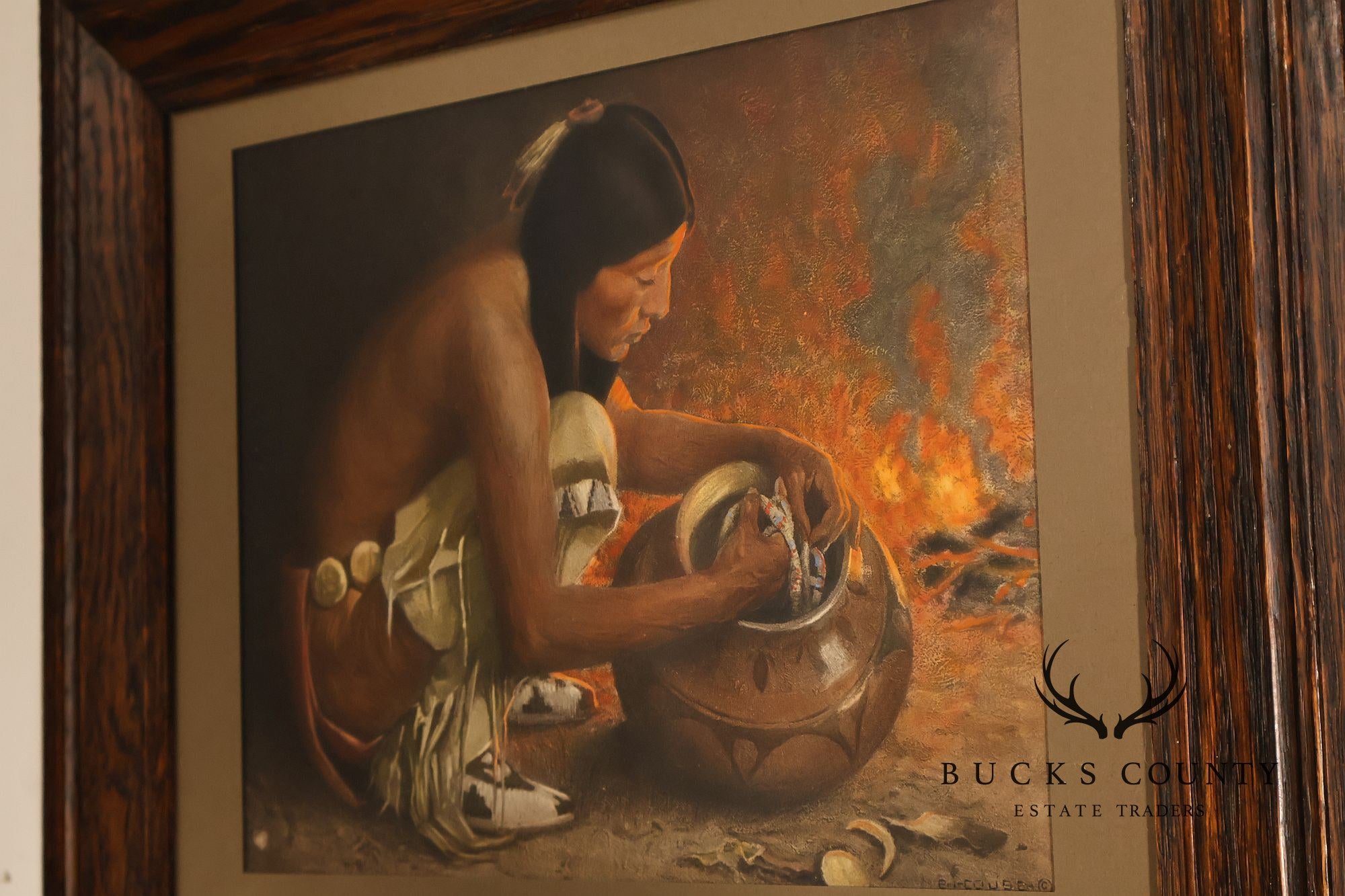 Wood Framed Lithograph Artwork "Treasure Jar" by E. Irving Couse