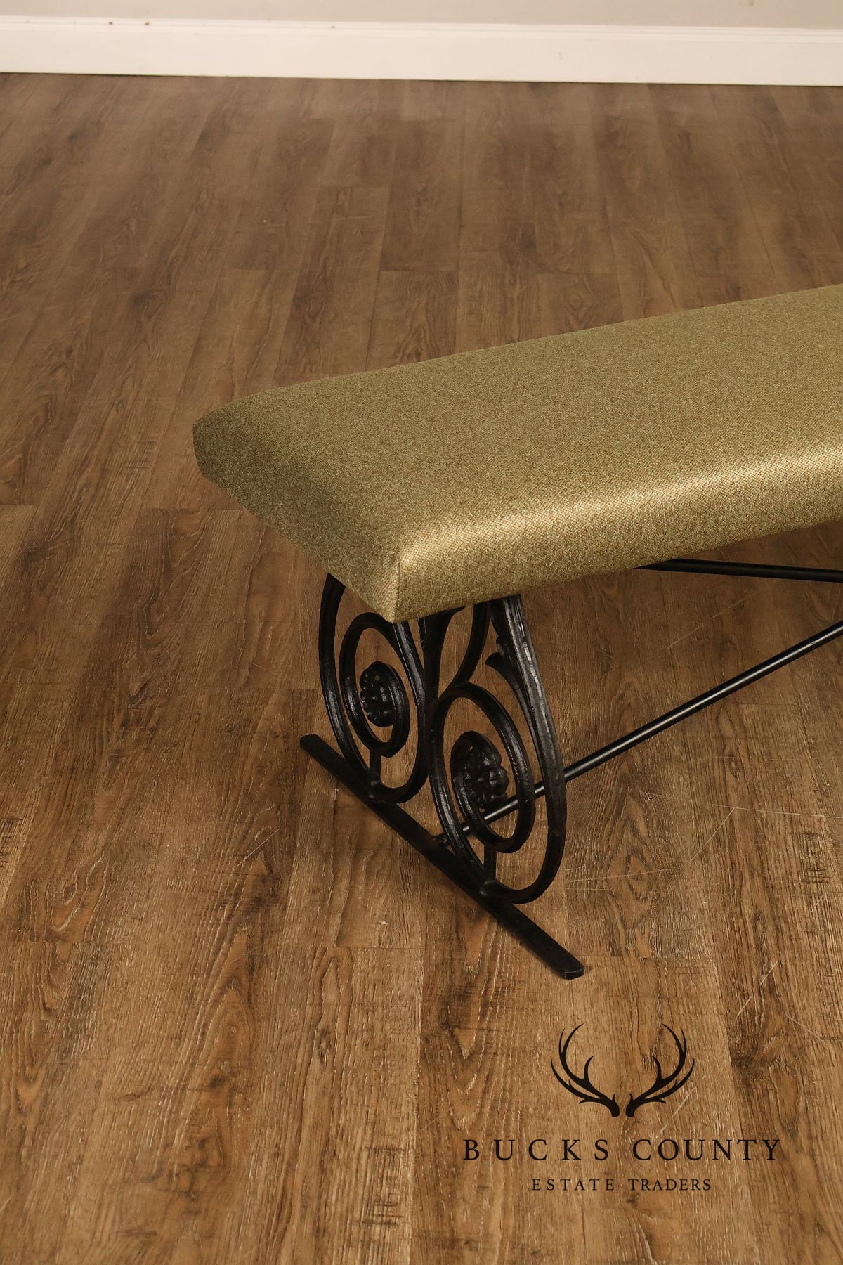 Vintage Wrought Iron Scrollwork Upholstered Bench