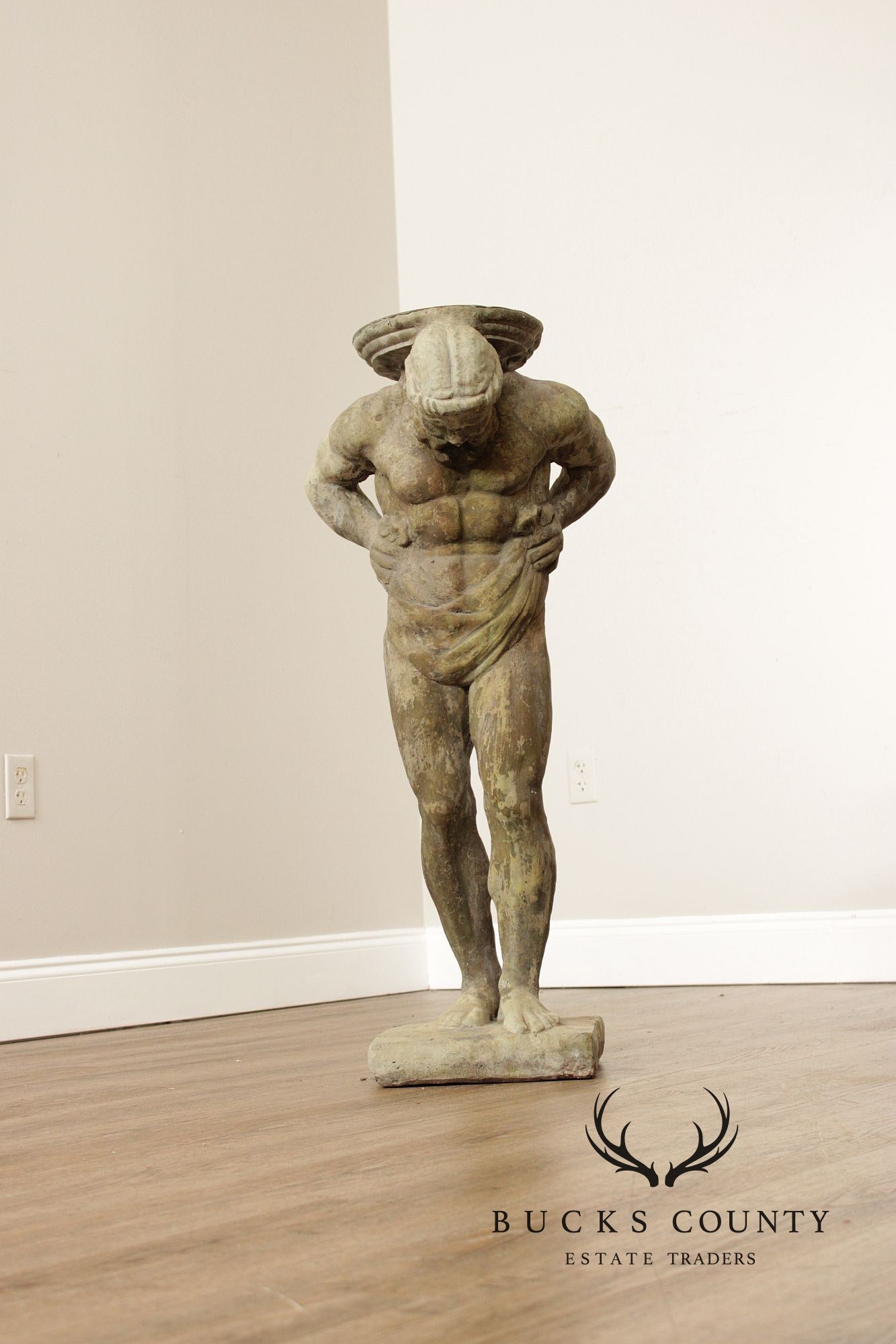 Cast Stone Vintage Pair Of 'Hercules' Figural Garden Statue Pedestals