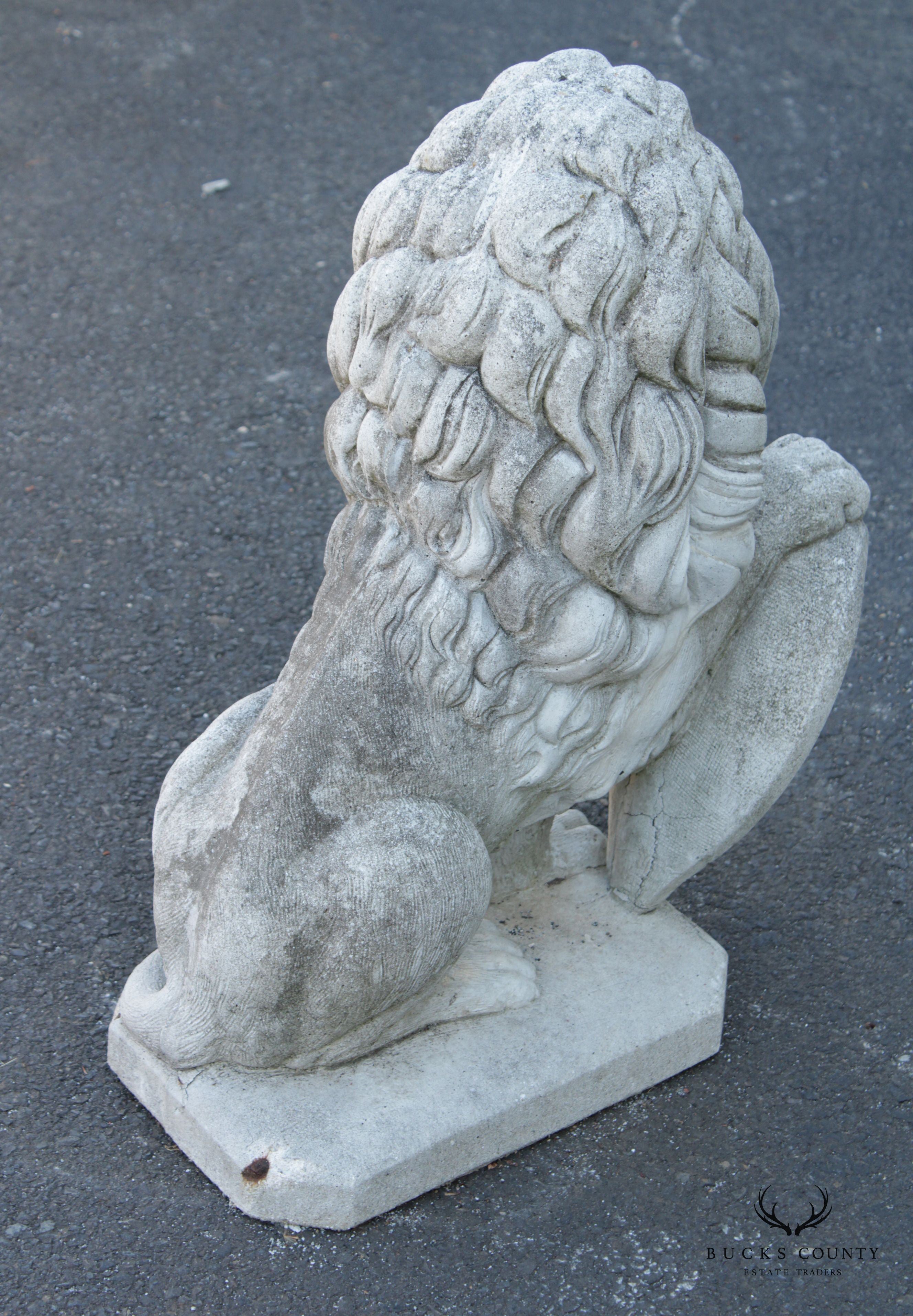 Vintage Cast Stone Lion with Shield Garden Statue