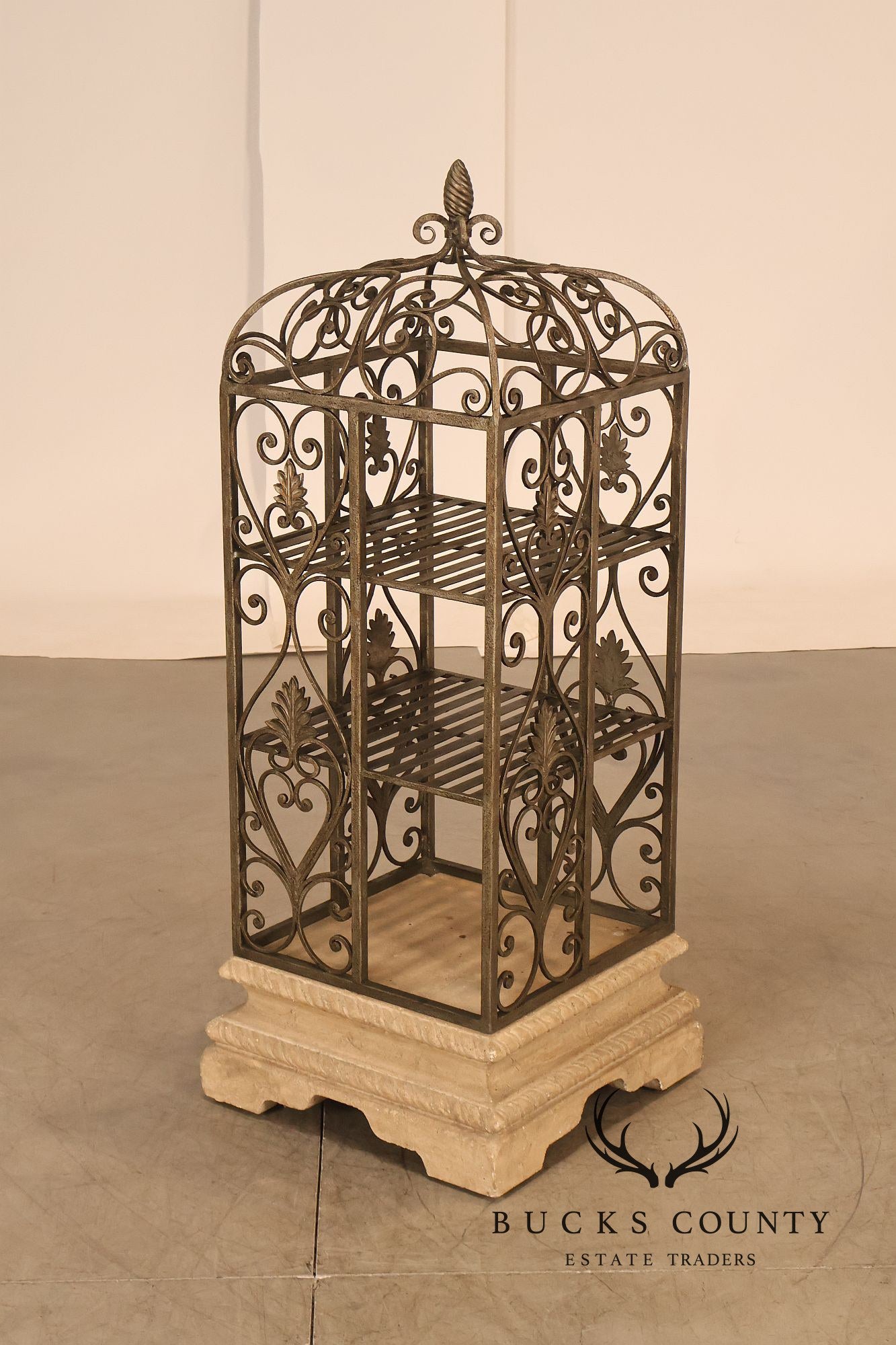 French Baroque Style Wrought Iron Scrollwork Birdcage Etagere Display Shelf