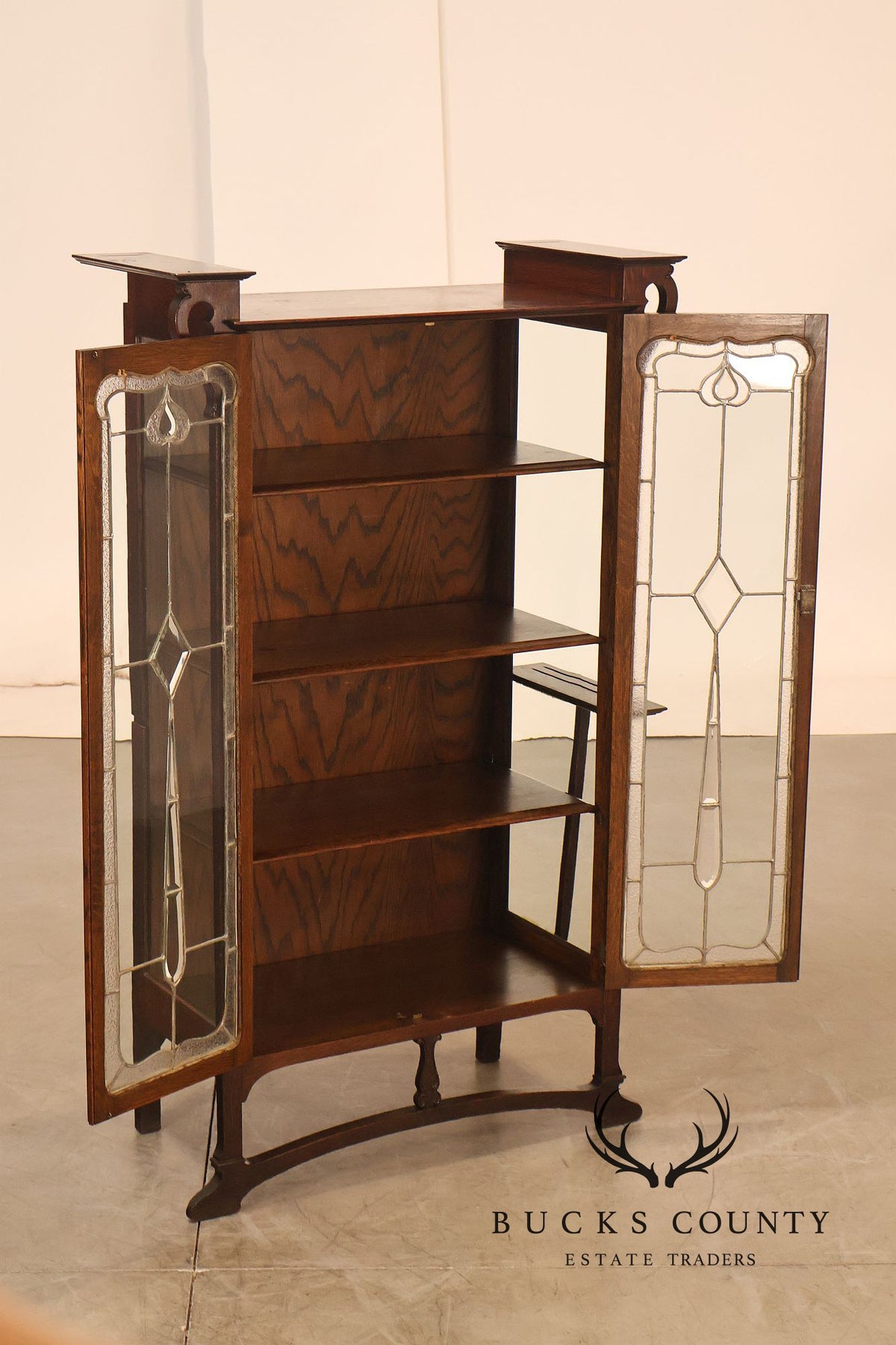 Antique Art Nouveau Leaded Glass Curio Cabinet