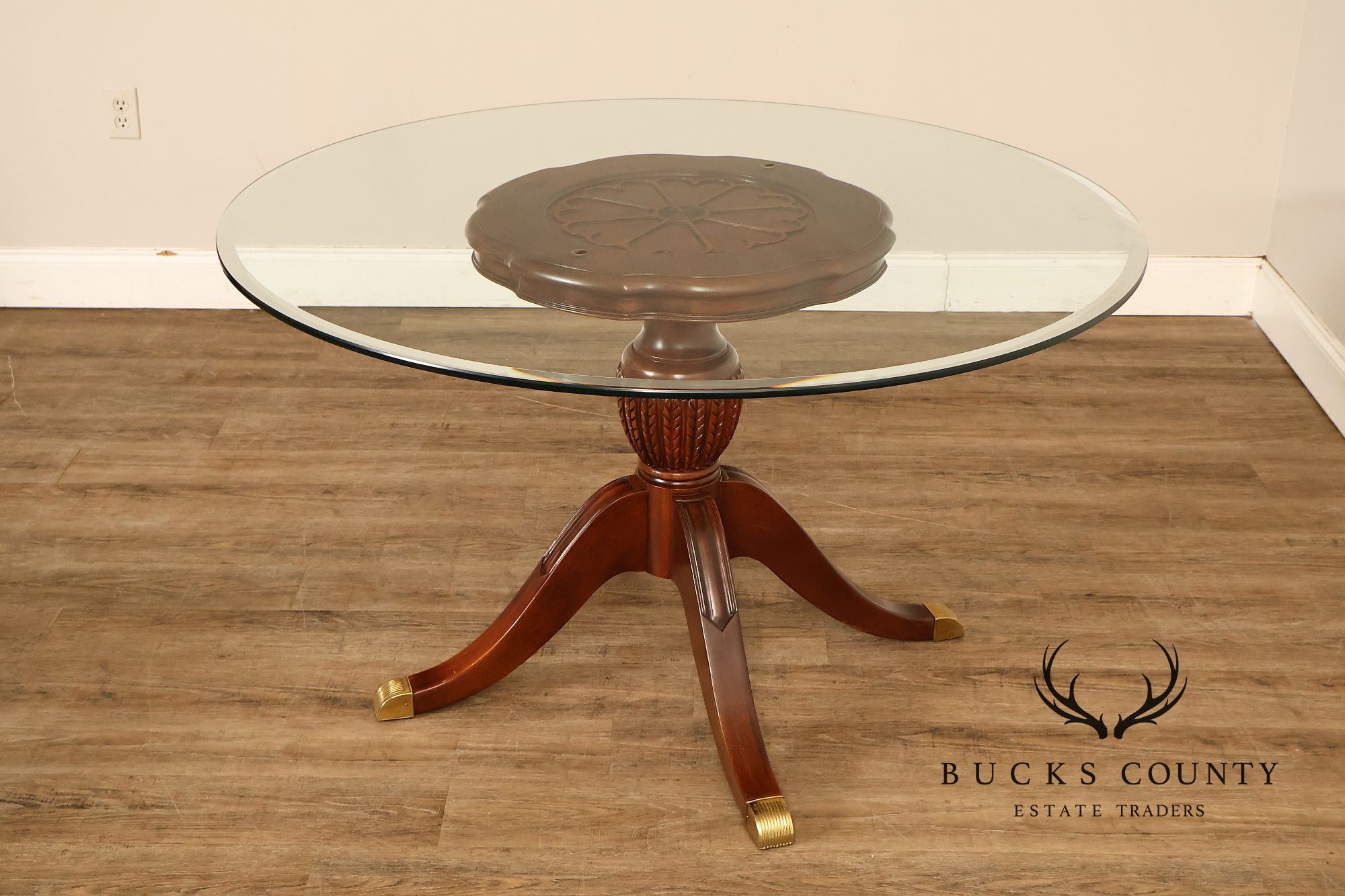 Lexington Furniture Round Glass Top Carved Mahogany Pedestal Table with Center Medallion
