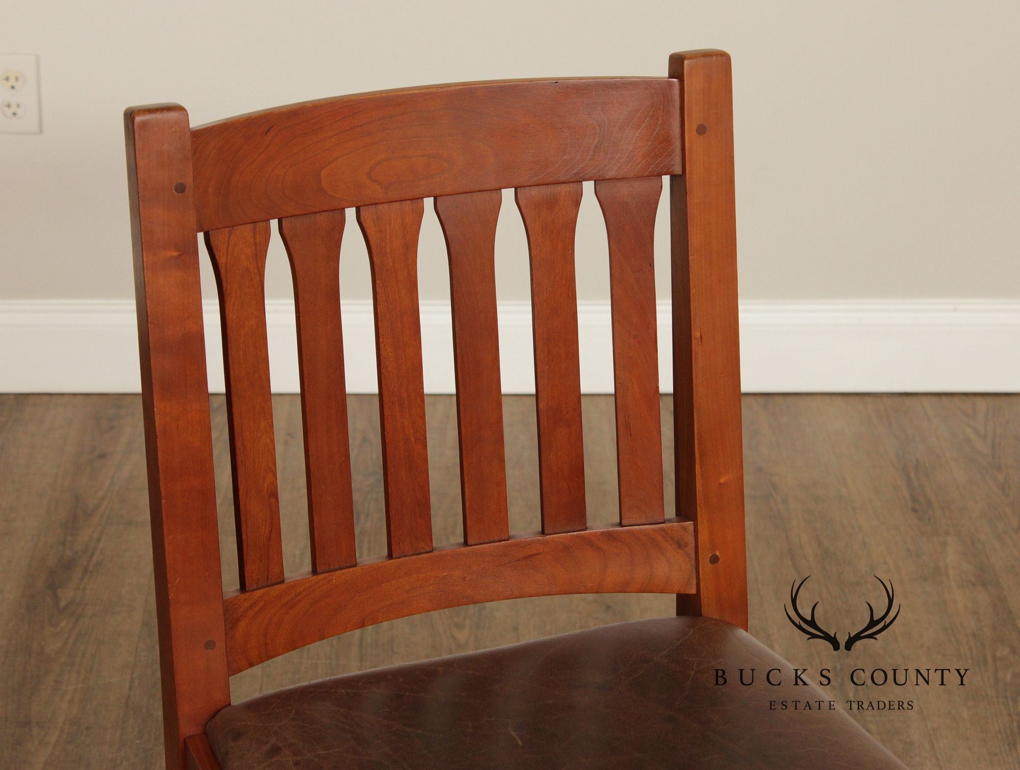 Stickley Mission Collection Pair of Cherry and Leather Slat Back Stools