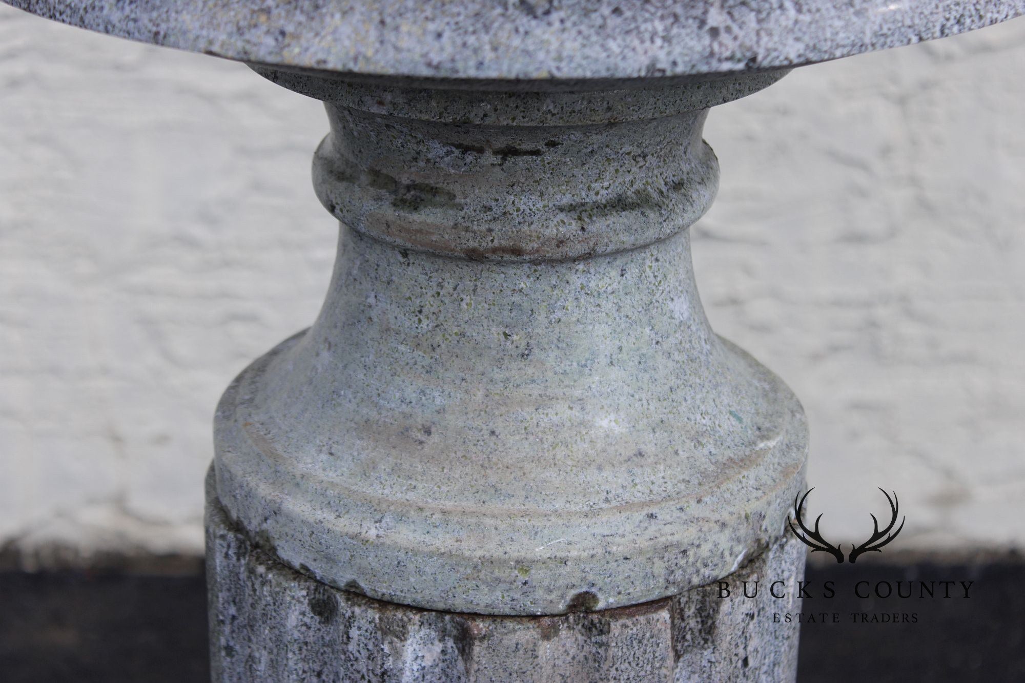 Vintage Pair Of Carved Granite Three-Piece Garden Urns On Pedestals