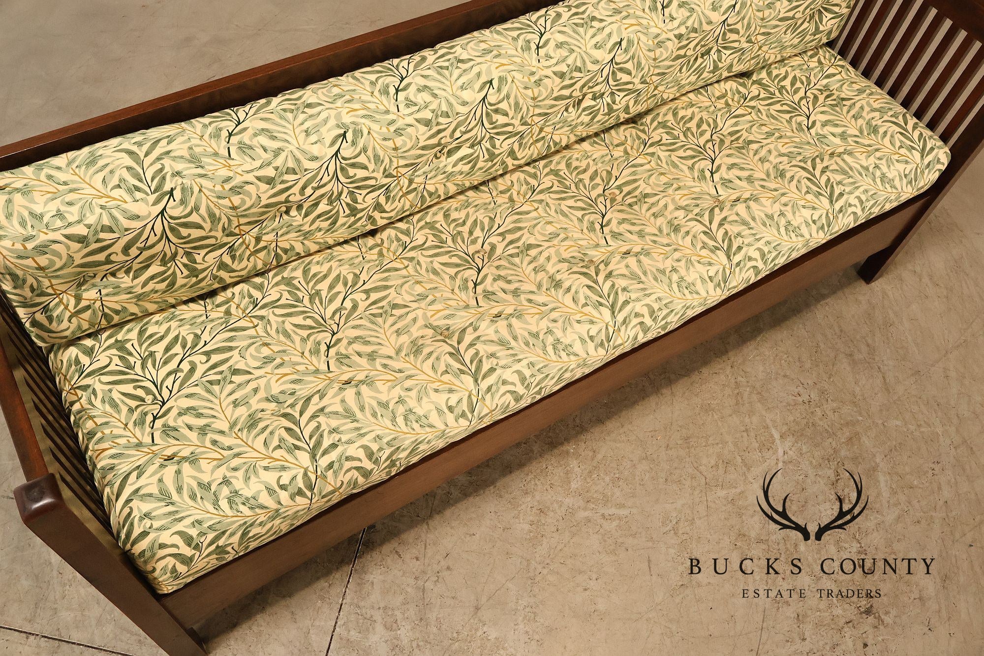 Mission Style Mahogany Spindle Settle With Botanical Upholstery