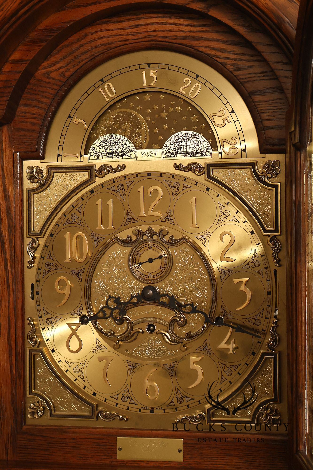 Sligh Traditional Oak Triple Chime Grandfather Clock With Moon Phase Dial