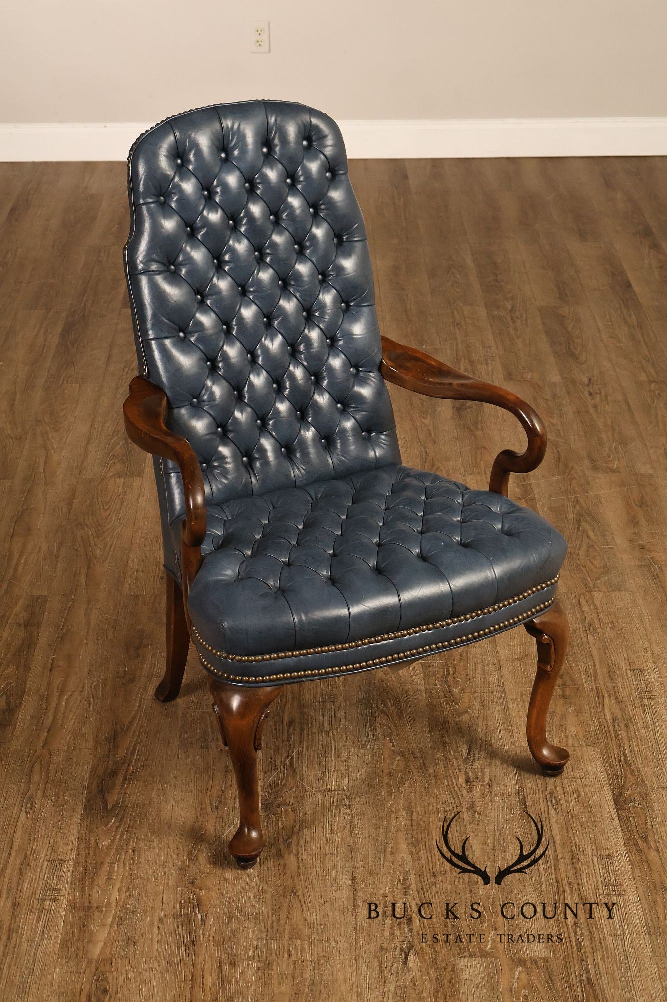 Ethan Allen Queen Anne Style Pair of Tufted Leather Library Armchairs