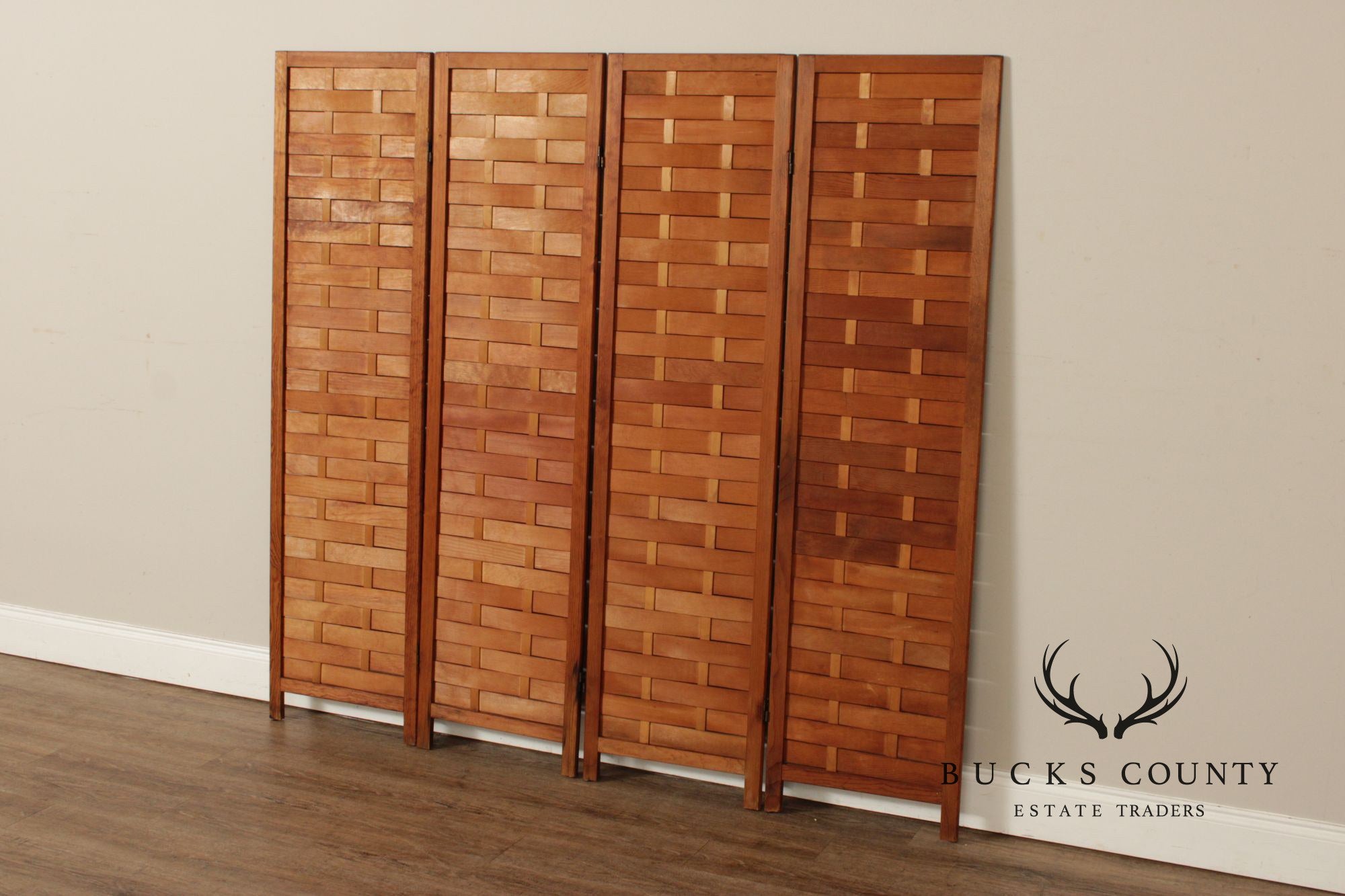 Mid Century Modern Woven Wood Four-Panel Screen