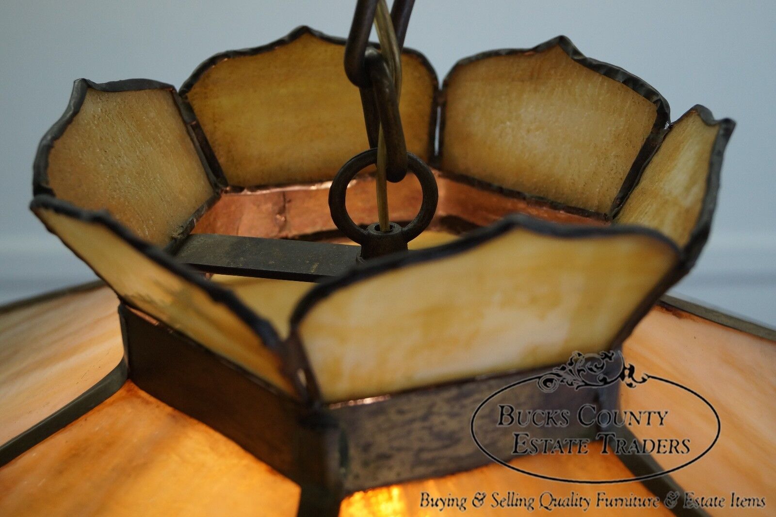 Antique Arts & Crafts Stained Glass Hanging Chandelier Light Fixture