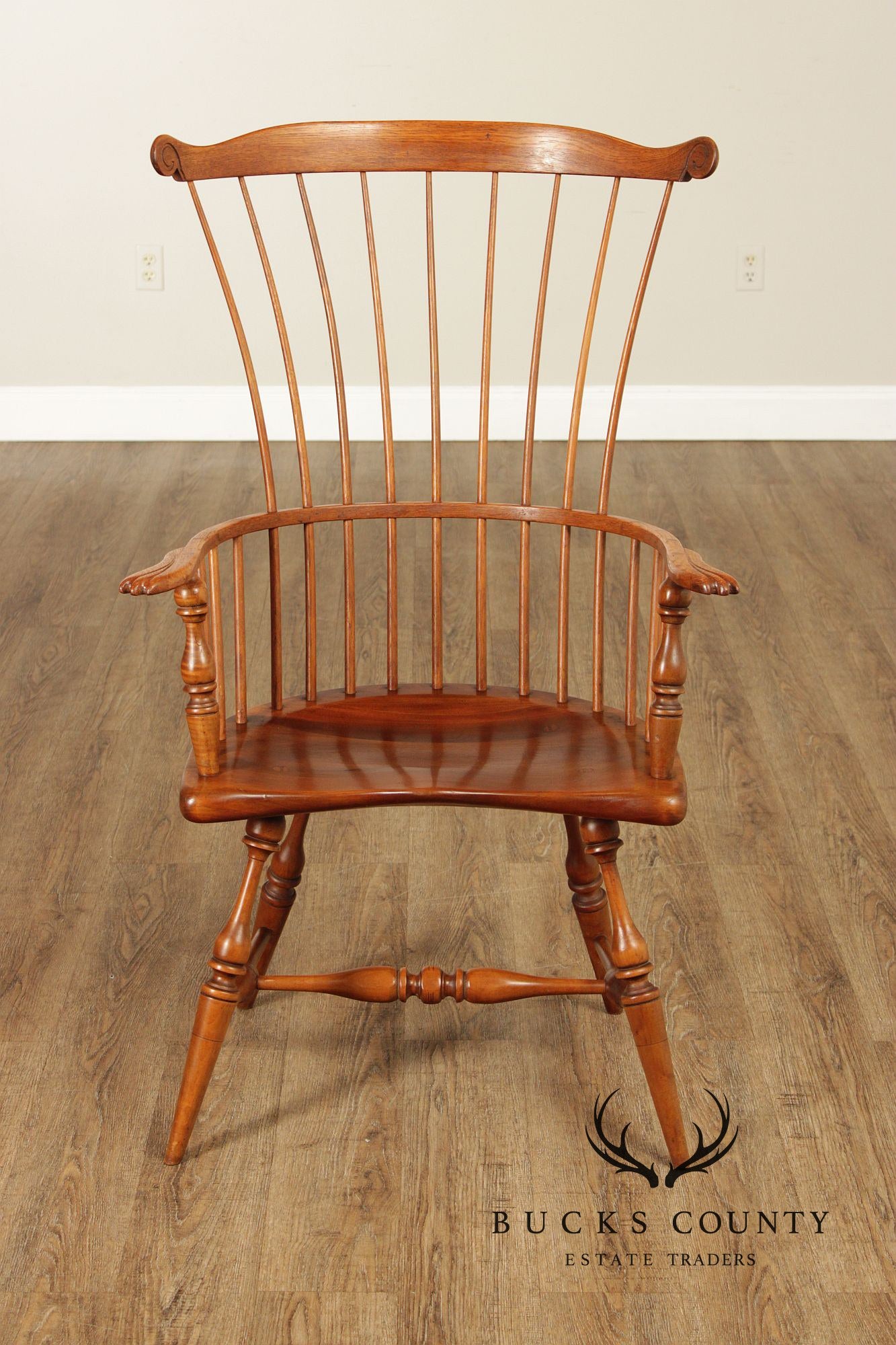 Quality Vintage Pair of Mixed Woods Windsor Armchairs