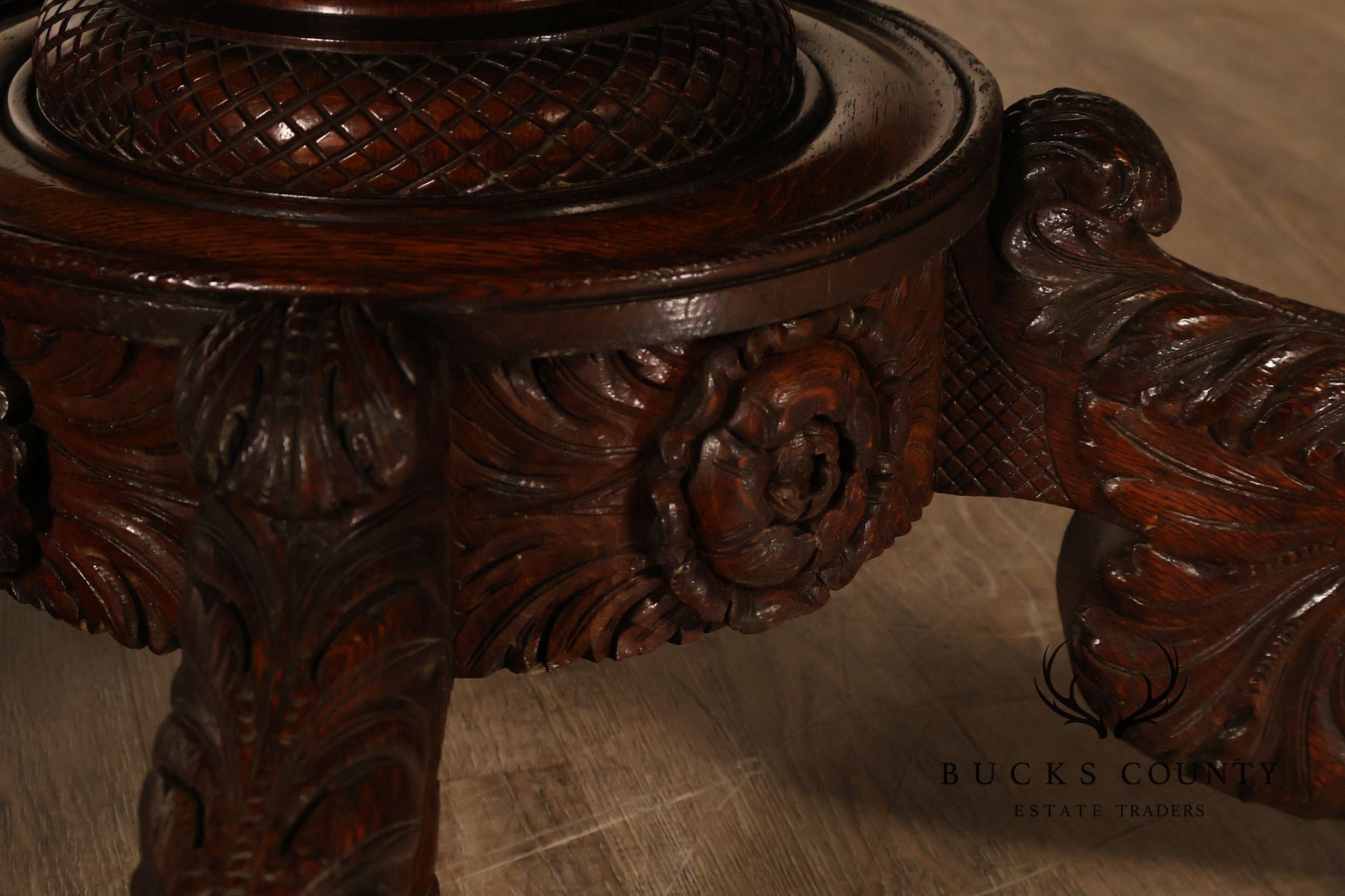 Antique 57 inch Round Oak Pedestal Dining Table With Carved Claw Feet