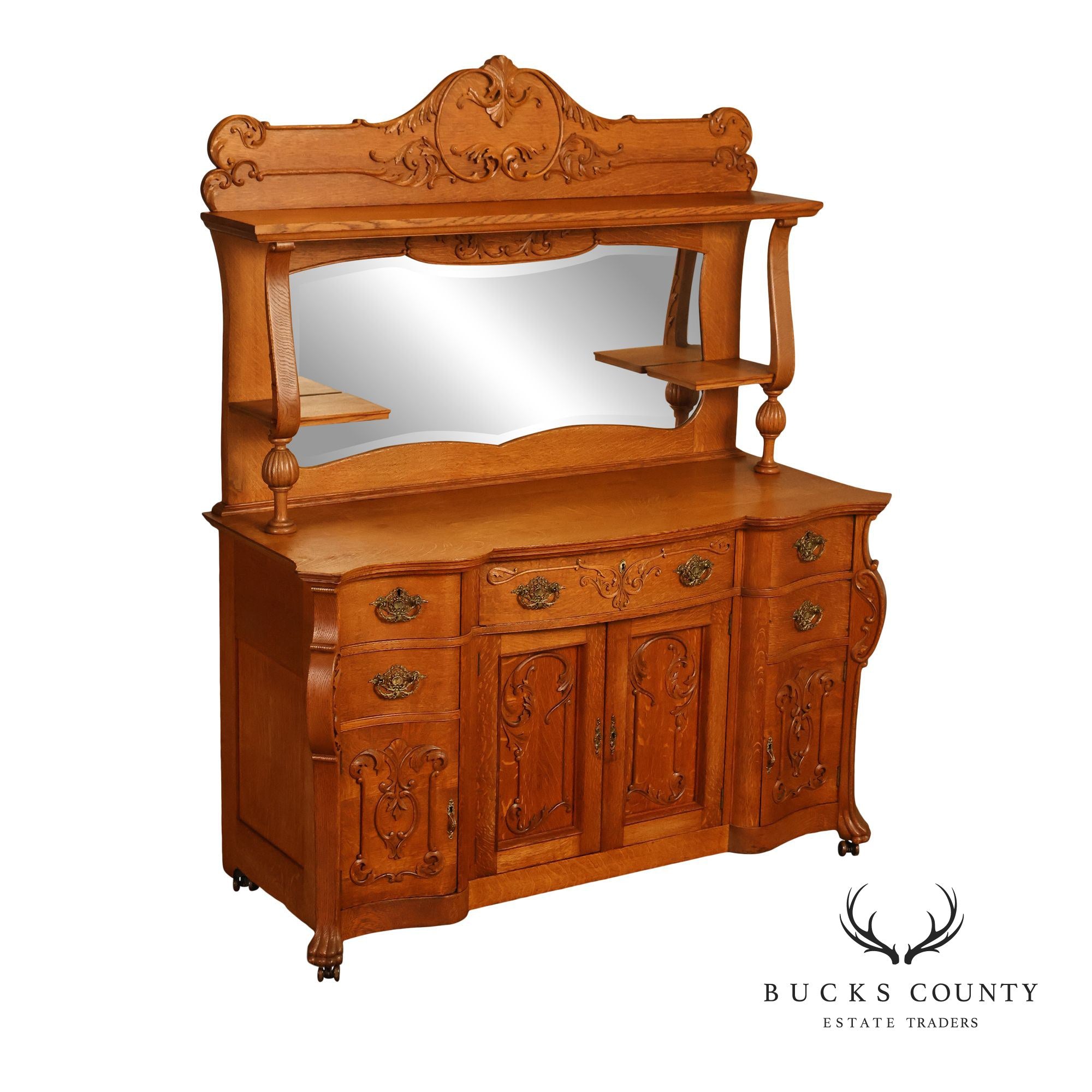 Antique Renaissance Revival Oak Sideboard with Mirrored Back