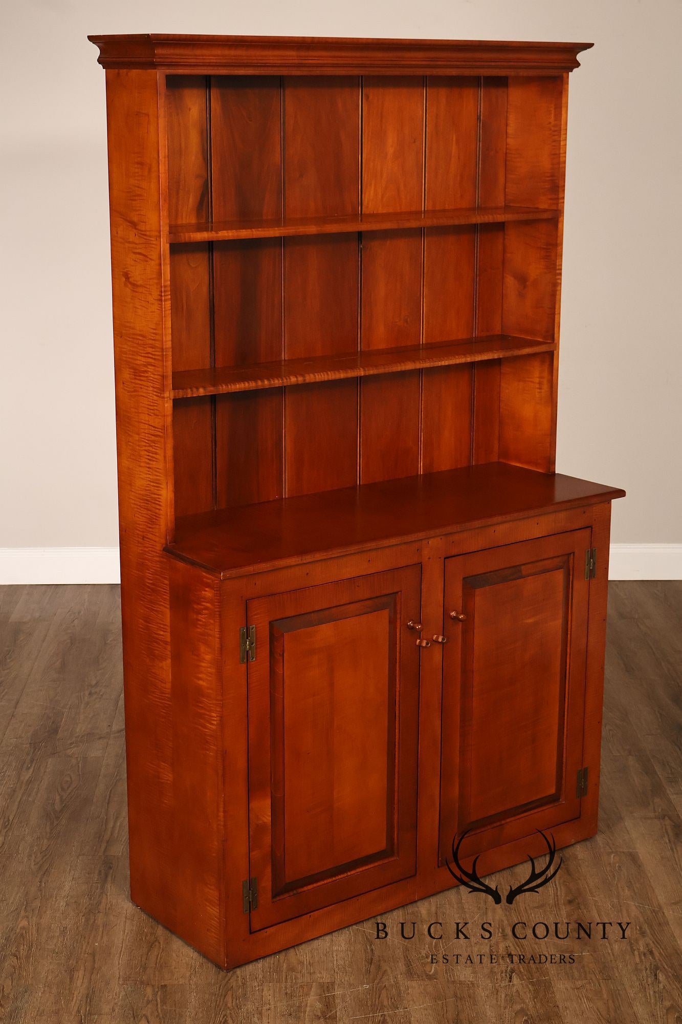 Tiger Maple Custom Step Back Hutch With Upper Open Shelving