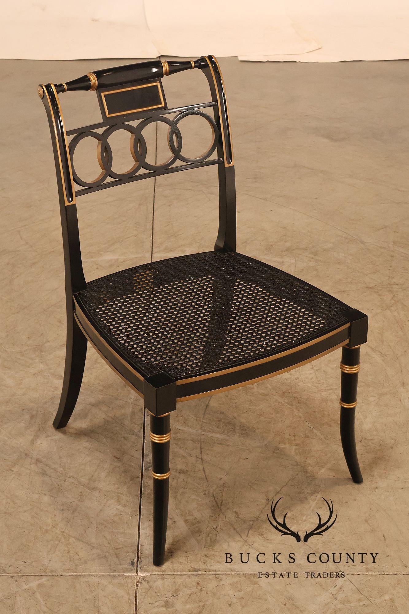 Baker Regency Style Pair of Ebonized and Partial Gilt Side Chairs