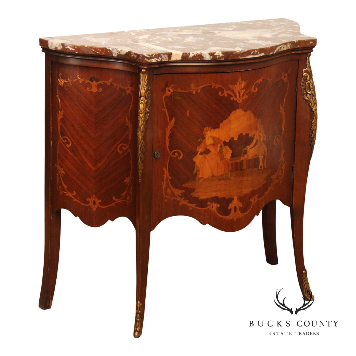 French Louis XV Style Ormolu Mounted Marquetry Bombe Chest