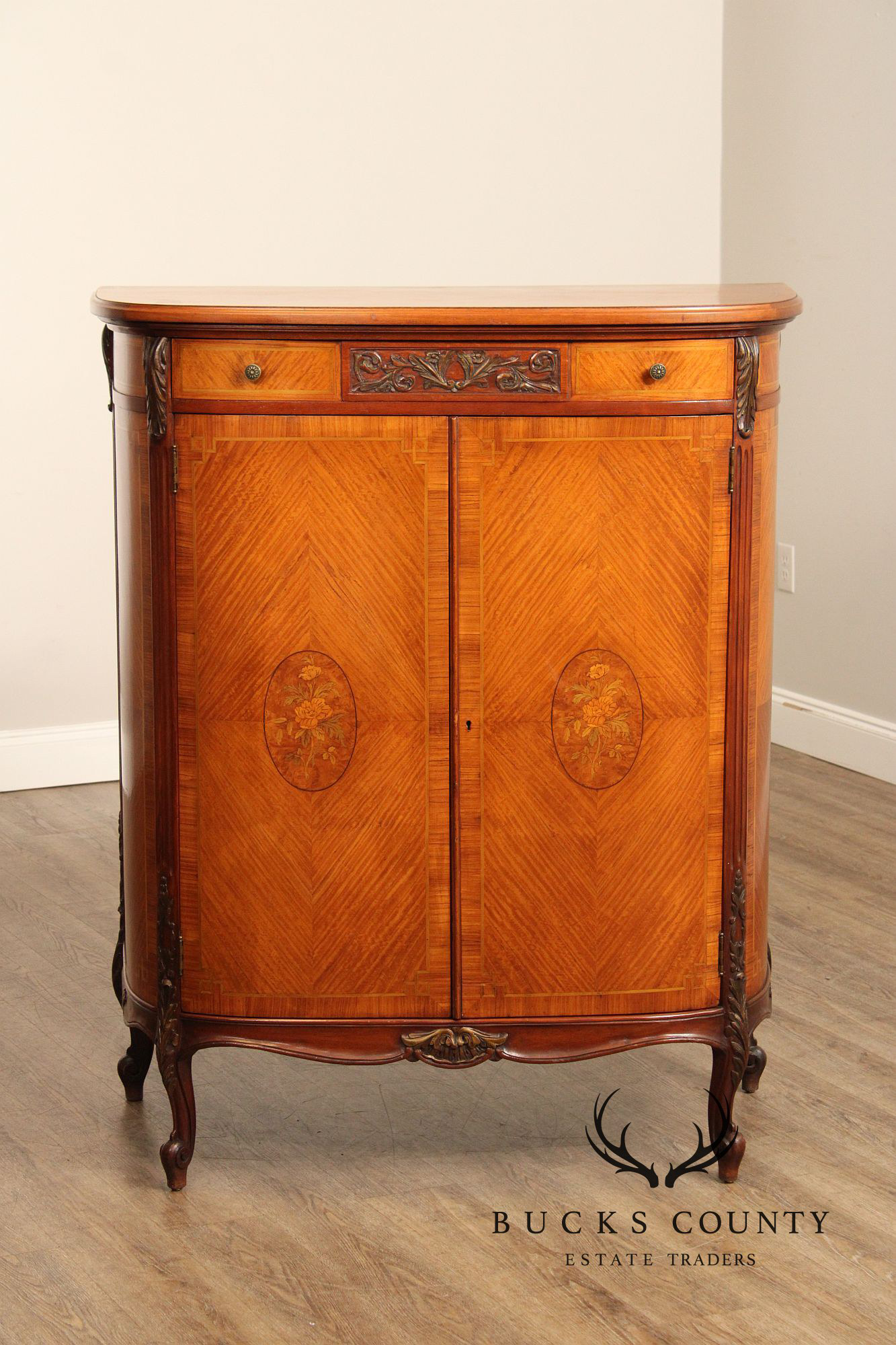 1930's French Louis XV Style Inlaid Satinwood Demilune Gentleman's High Chest