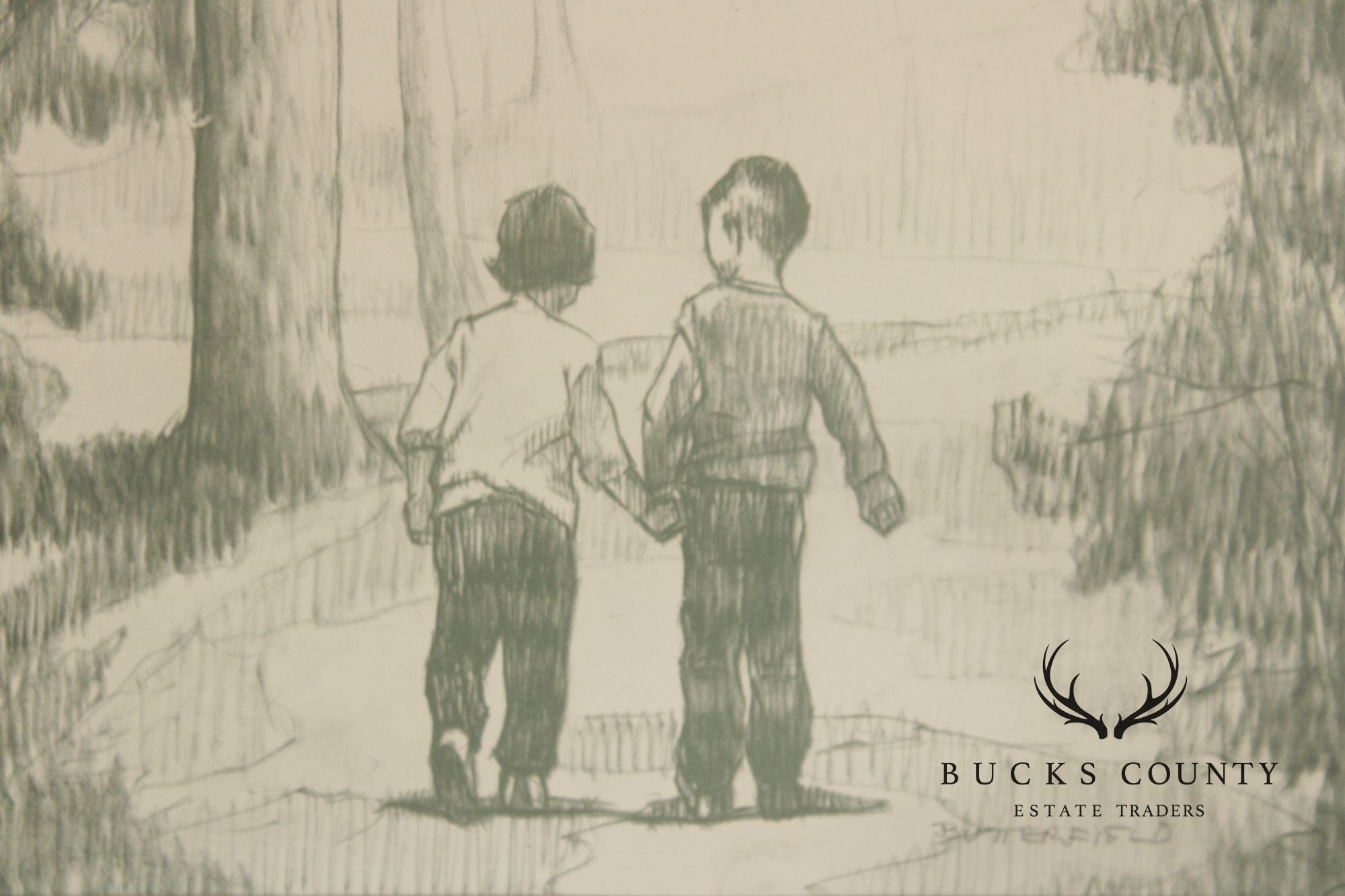 W. Cortland Butterfield Framed Drawing, Children in a Wood