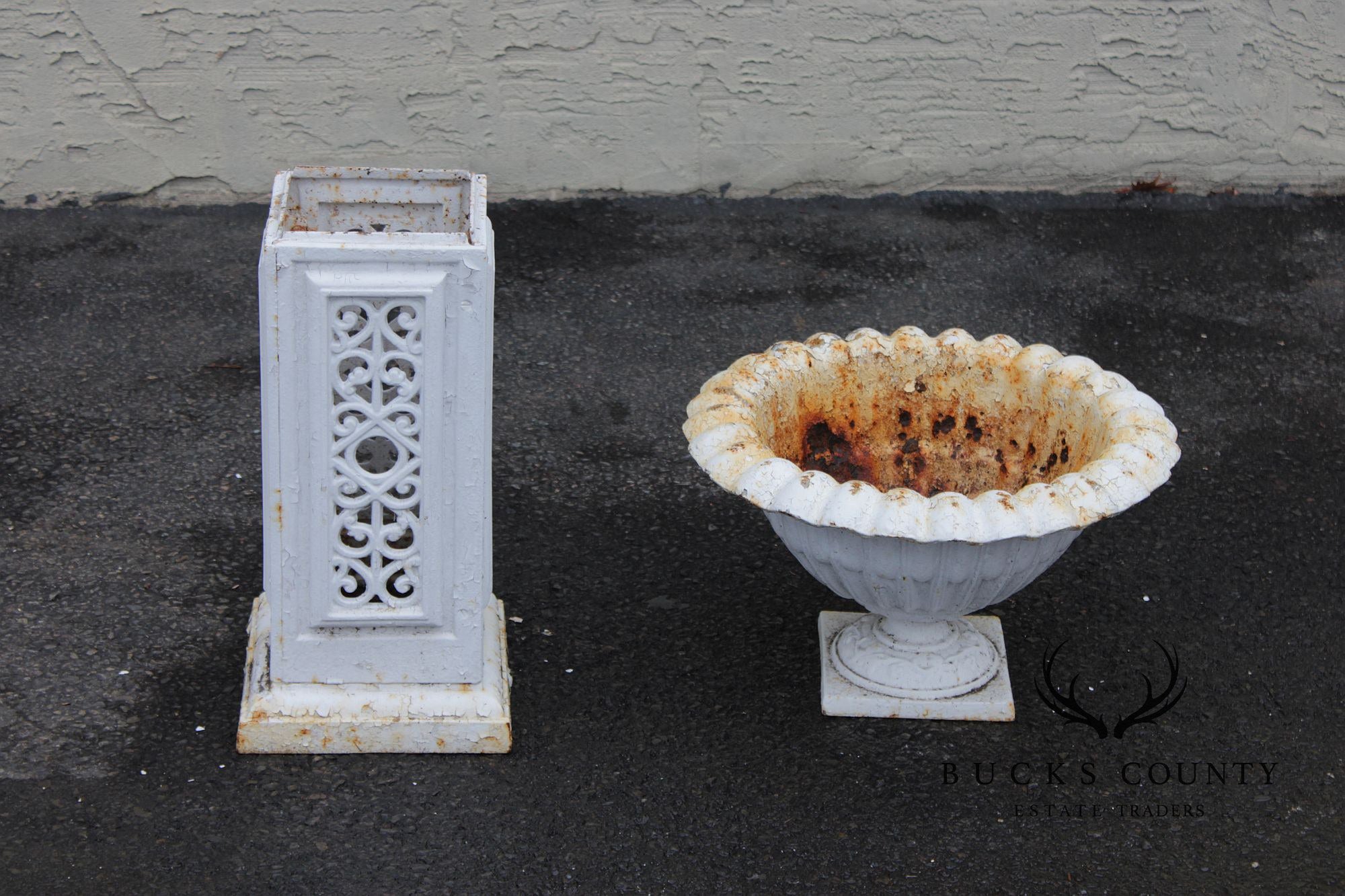 Vintage Pair of Painted Cast Iron Garden Urns on Stands