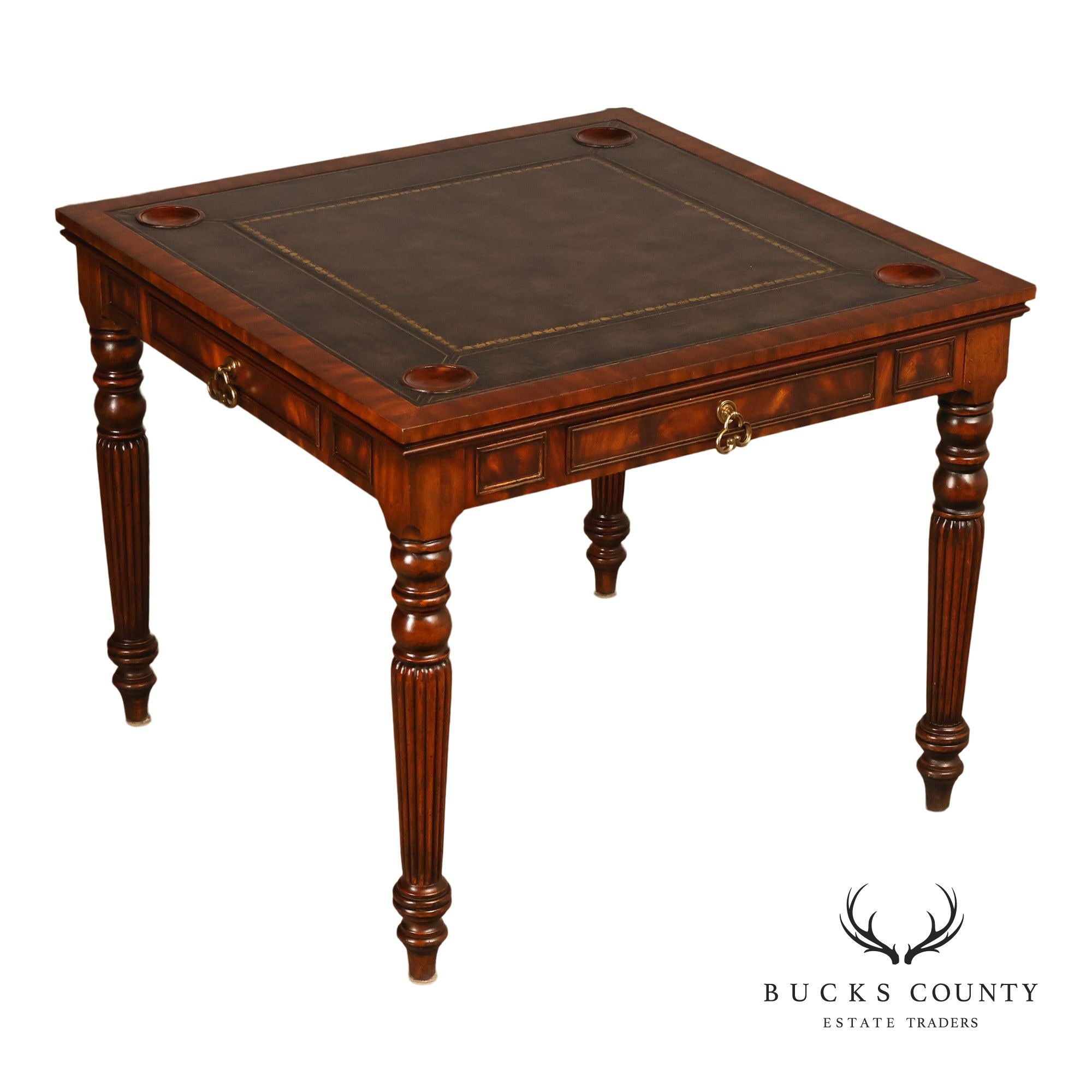 Maitland Smith Regency Style Mahogany Square Leather Top Game Table