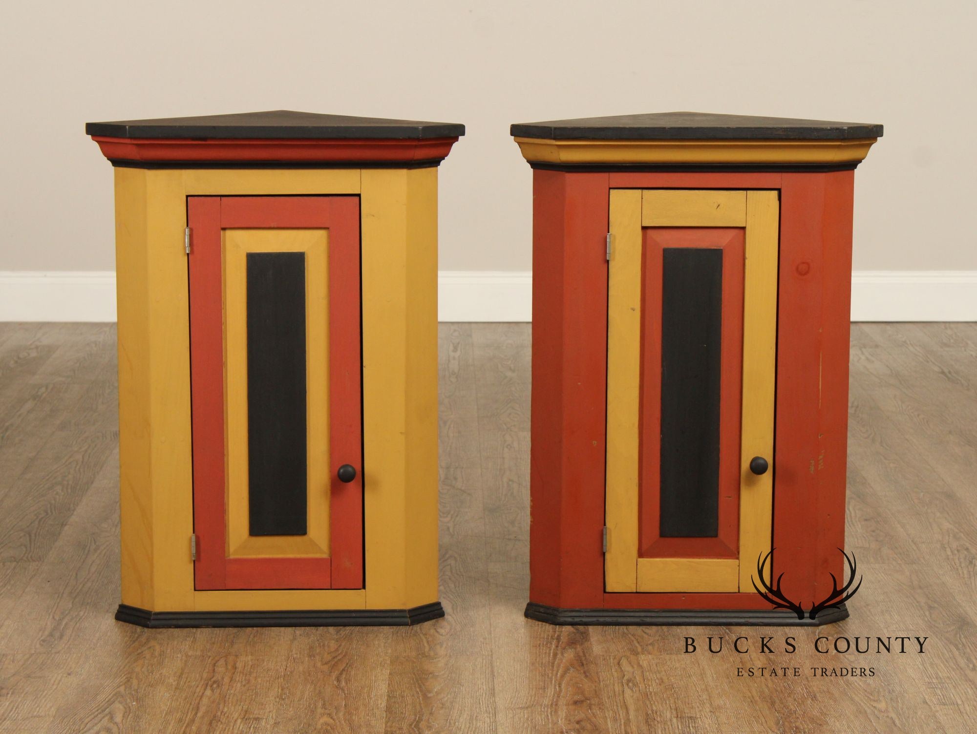Pair Of Handcrafted Folk Art Painted Pine Corner Cabinets